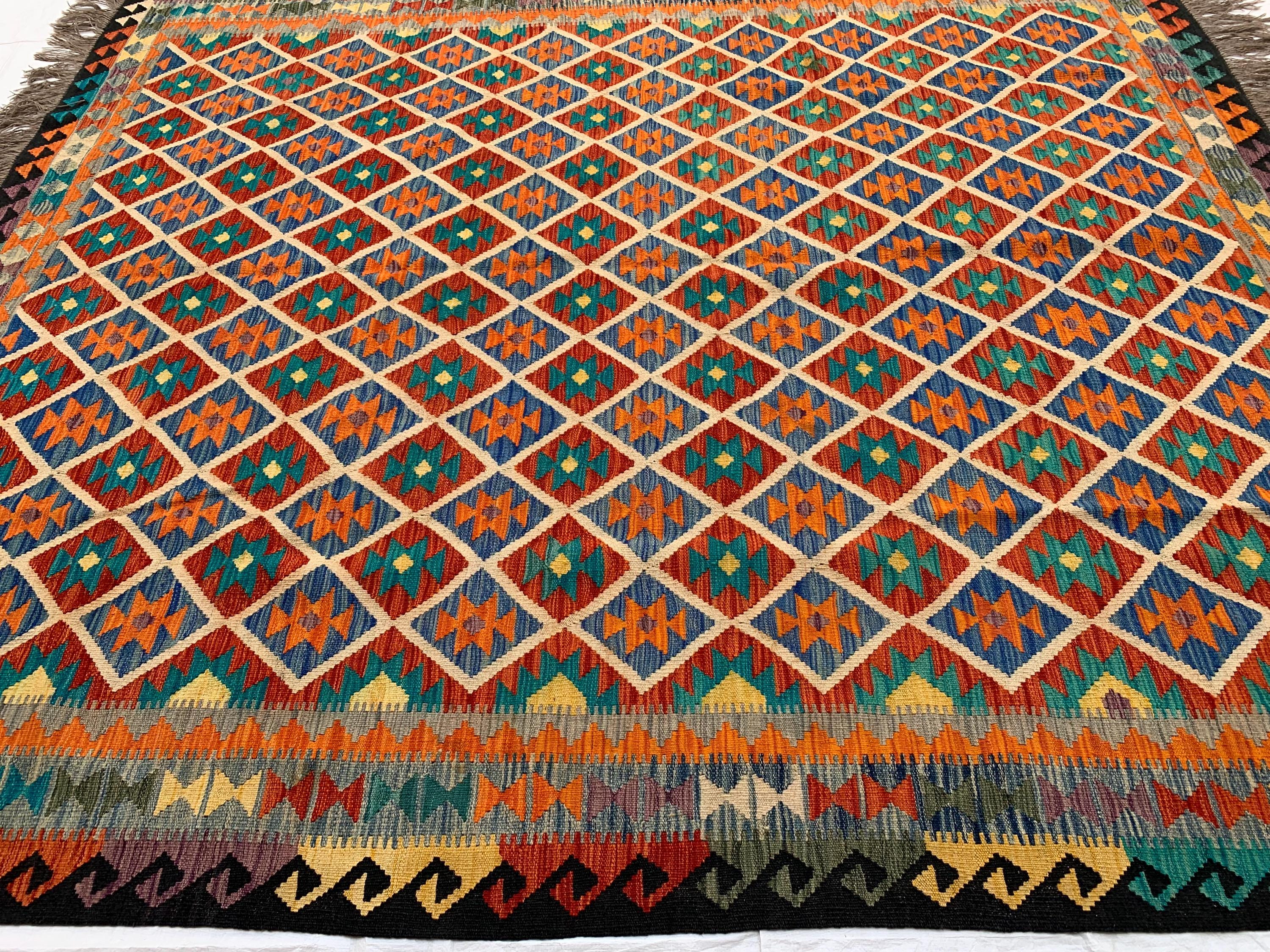 8x10 Handmade Multicolor Afghan Kilim Rug – Wool Tribal Area Rug | Vintage Flatweave Carpet | Boho Geometric Decor | Large Lightweight Rug