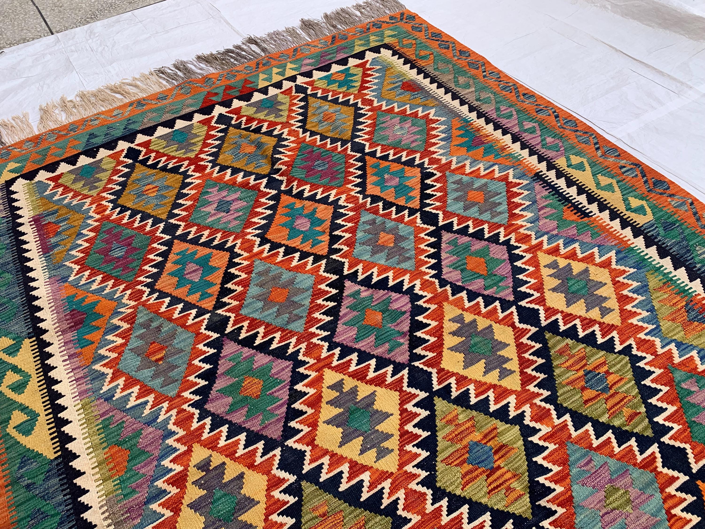 Multicolor Afghan Kilim Rug 6.7x9.9 ft – Wool Tribal Area Rug | Vintage Flatweave Carpet | Boho Geometric Decor | Large Lightweight Rug
