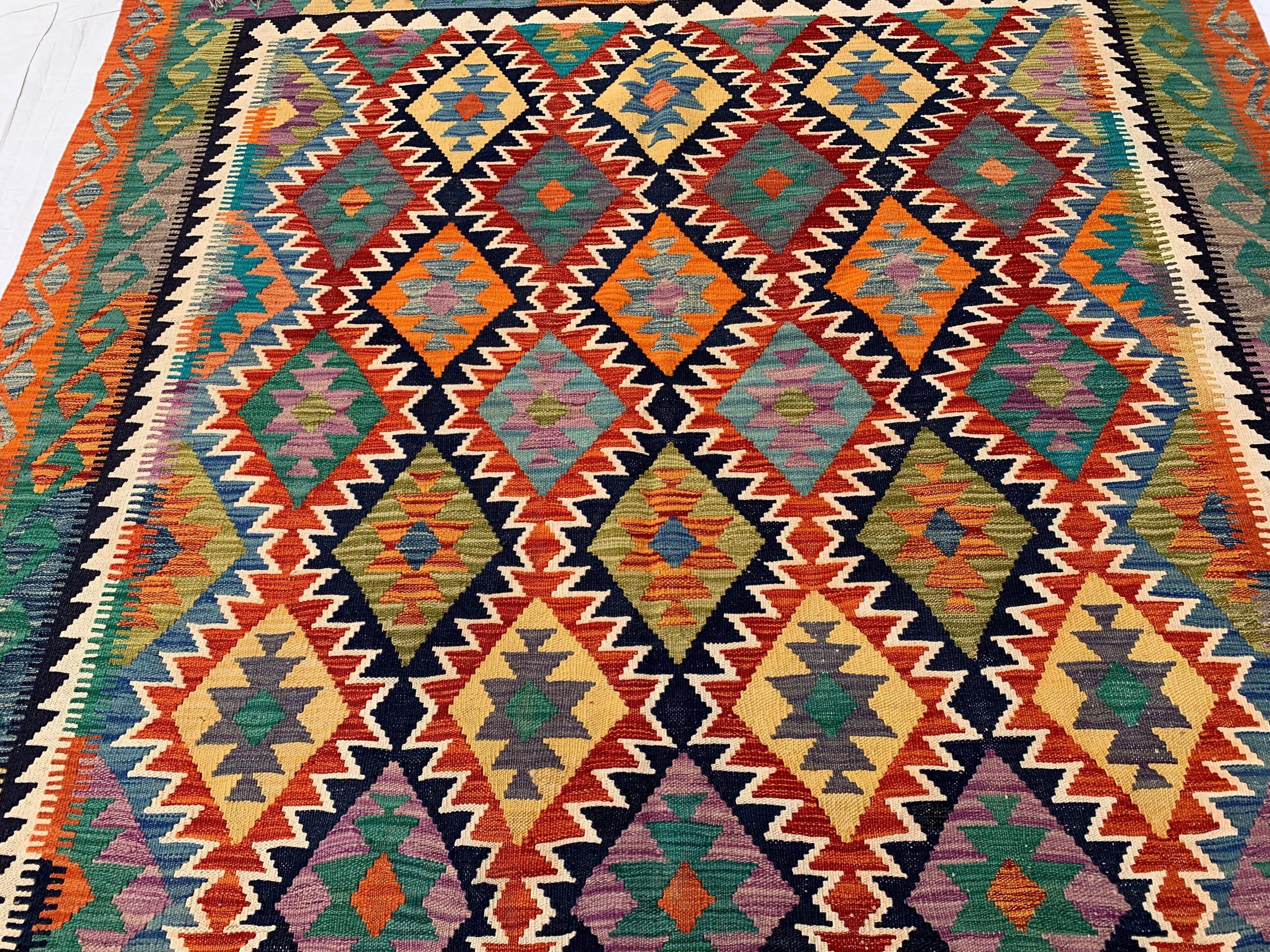 Multicolor Afghan Kilim Rug 6.7x9.9 ft – Wool Tribal Area Rug | Vintage Flatweave Carpet | Boho Geometric Decor | Large Lightweight Rug