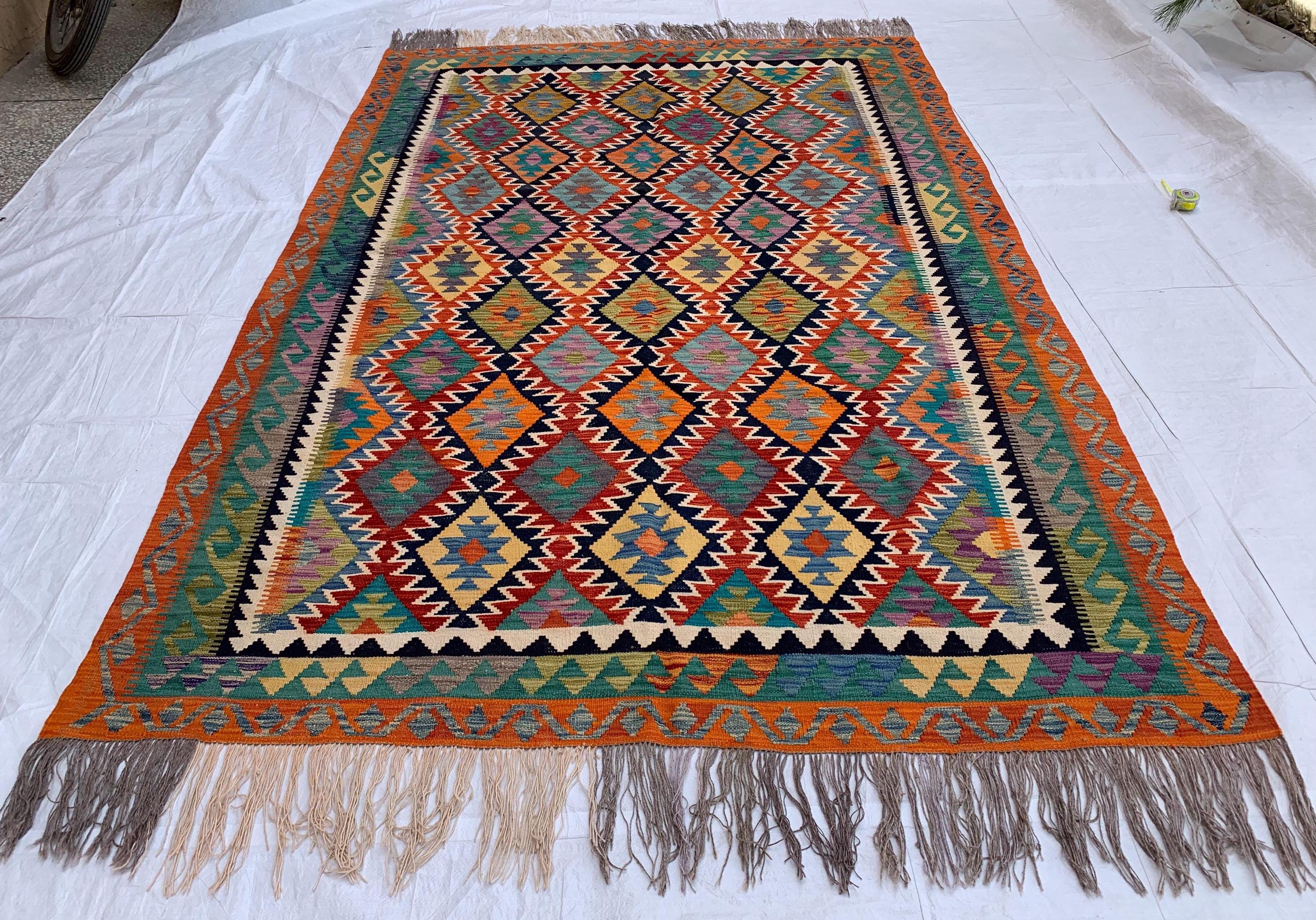 Multicolor Afghan Kilim Rug 6.7x9.9 ft – Wool Tribal Area Rug | Vintage Flatweave Carpet | Boho Geometric Decor | Large Lightweight Rug