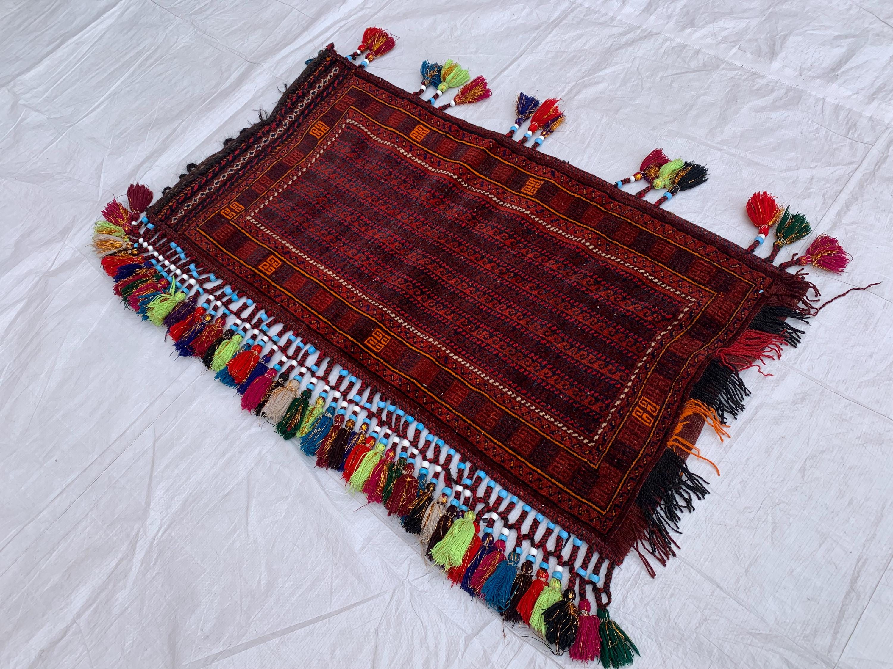 Vintage Afghan Cushion Cover–Faded Tribal Carpet Pillow –Handmade Turkmen Bukhara Textile– 1’11 x 3’7 Decorative Rug Cushion Collector Decor