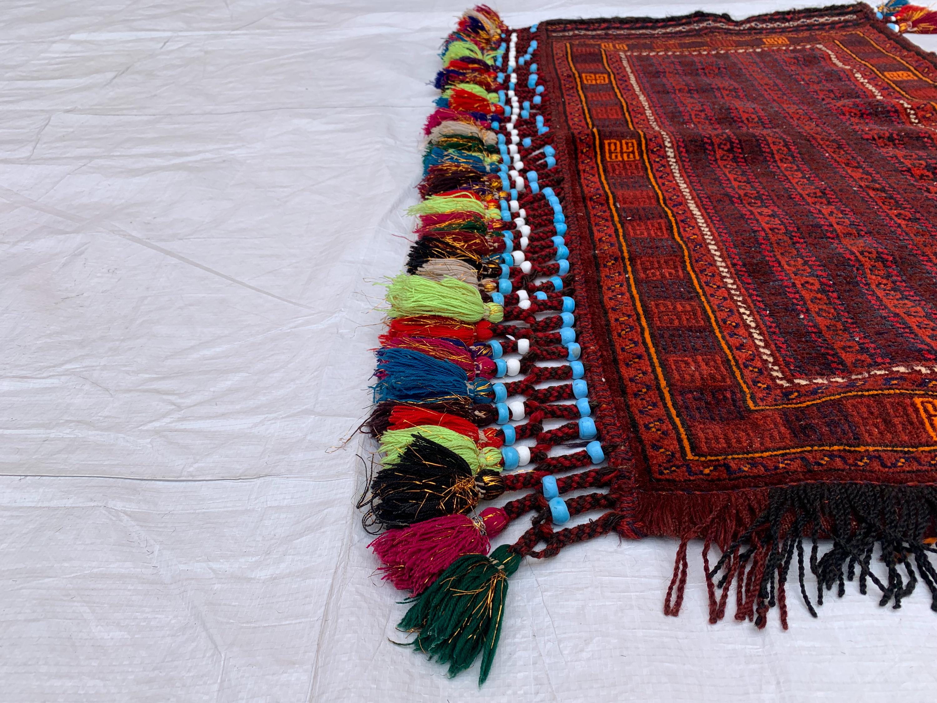 Vintage Afghan Cushion Cover–Faded Tribal Carpet Pillow –Handmade Turkmen Bukhara Textile– 1’11 x 3’7 Decorative Rug Cushion Collector Decor