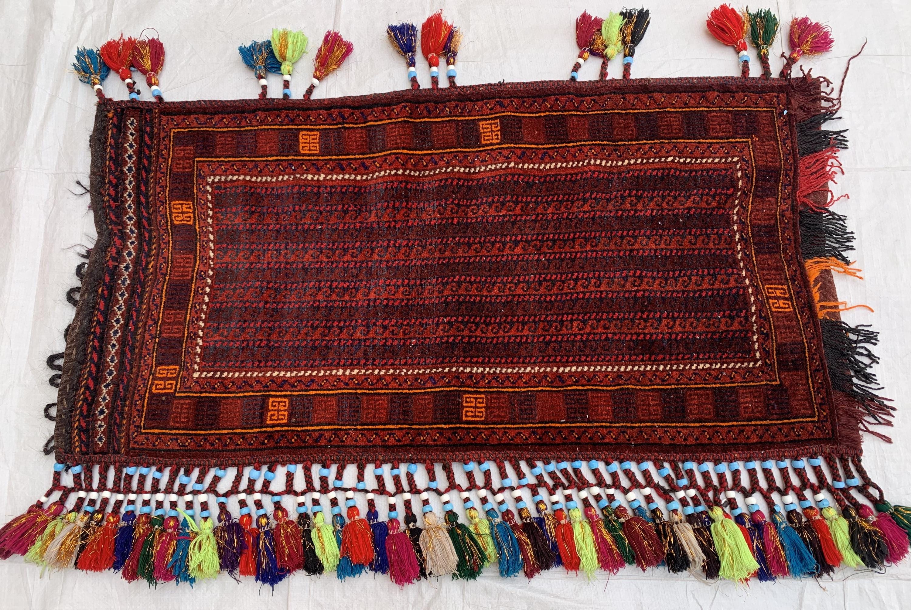Vintage Afghan Cushion Cover–Faded Tribal Carpet Pillow –Handmade Turkmen Bukhara Textile– 1’11 x 3’7 Decorative Rug Cushion Collector Decor
