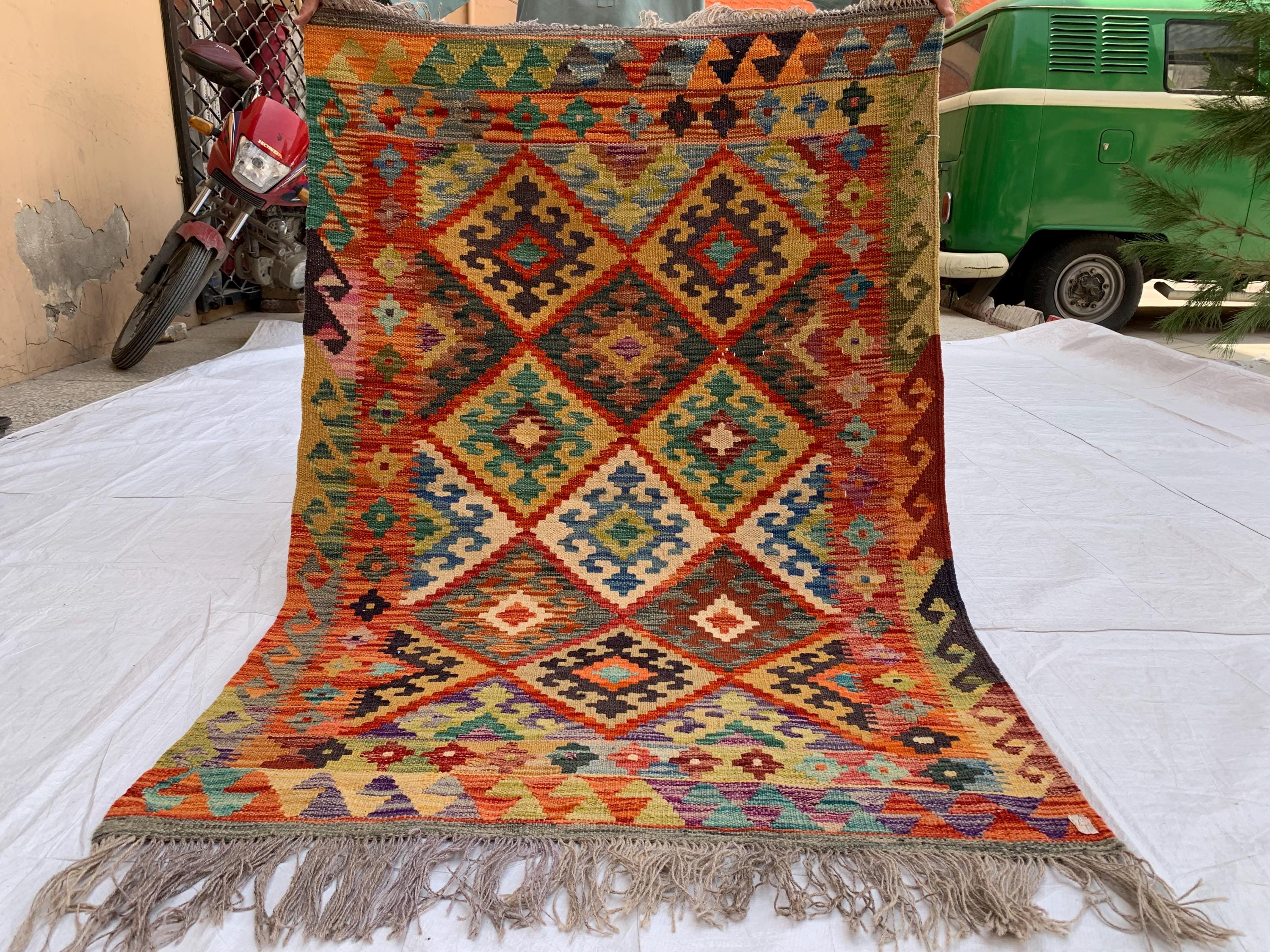 3.5x5 Small Tribal Kilim Rug – Multicolor Handwoven 5x3.5 Ft Wool Area Rug for Entryway, Kitchen, or Wall Hanging | Boho Vintage Decor