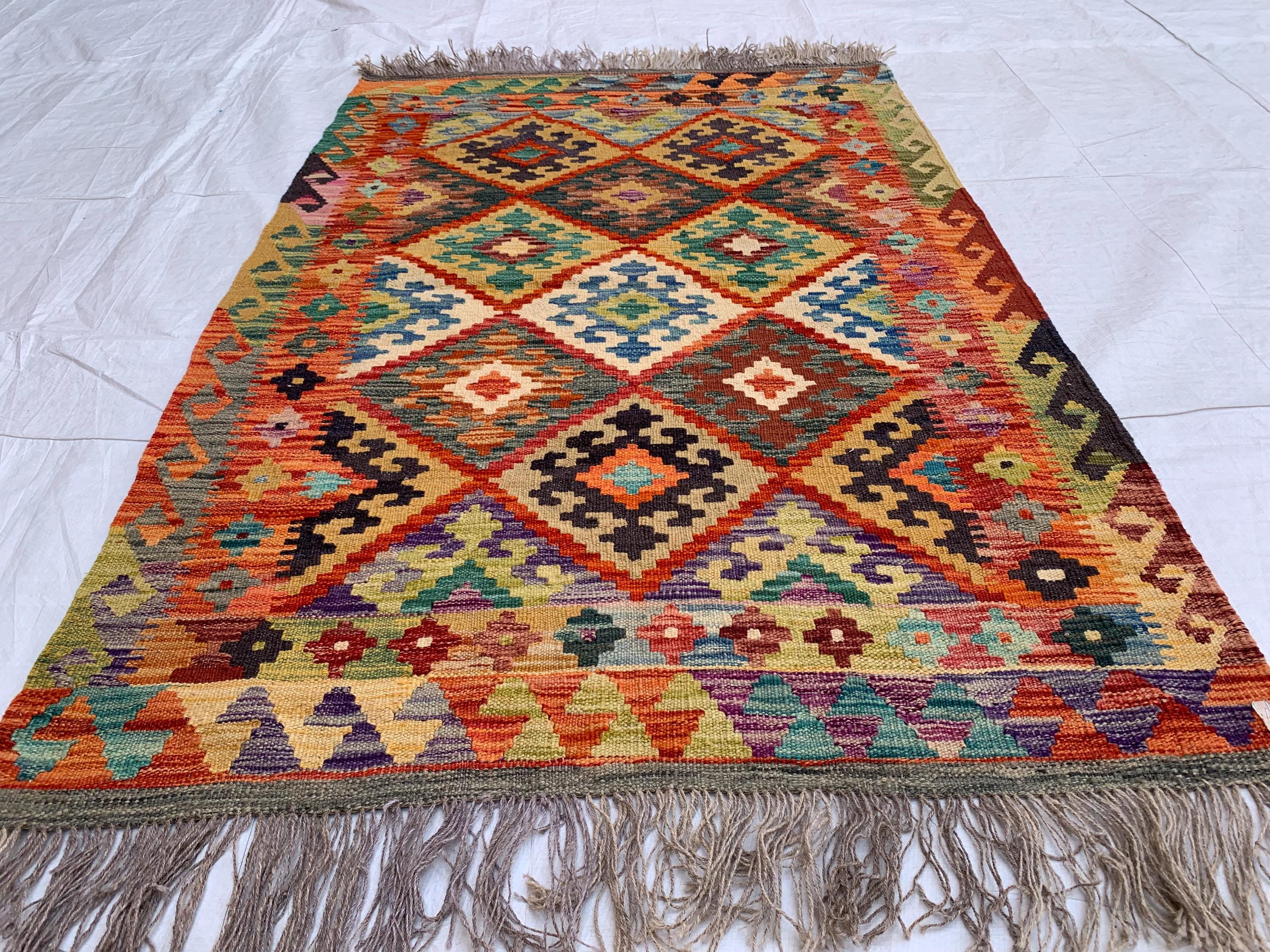 3.5x5 Small Tribal Kilim Rug – Multicolor Handwoven 5x3.5 Ft Wool Area Rug for Entryway, Kitchen, or Wall Hanging | Boho Vintage Decor