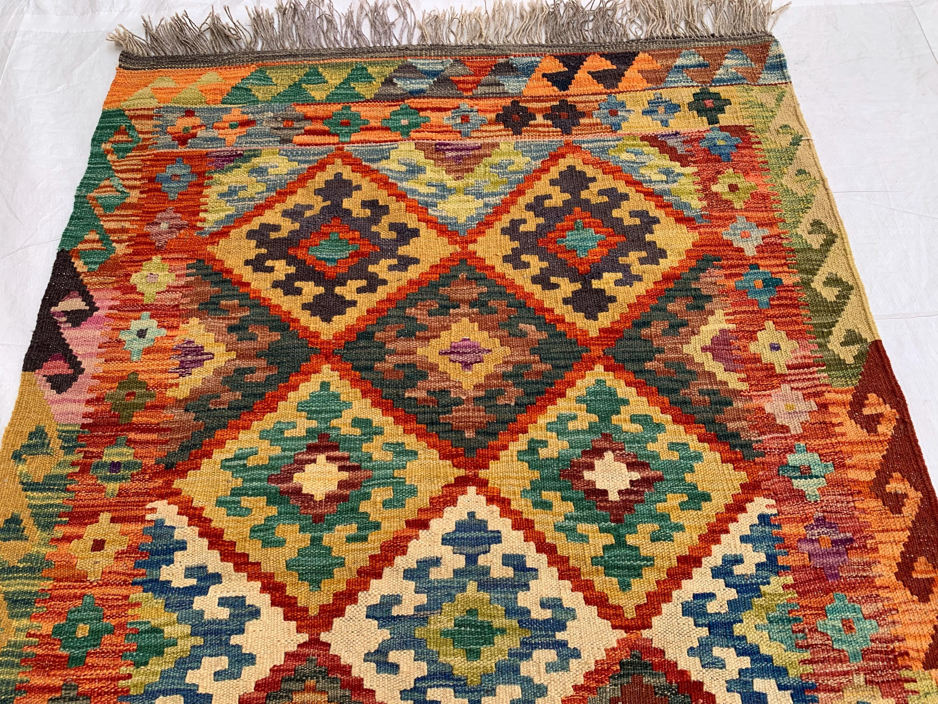3.5x5 Small Tribal Kilim Rug – Multicolor Handwoven 5x3.5 Ft Wool Area Rug for Entryway, Kitchen, or Wall Hanging | Boho Vintage Decor