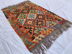 3.5x5 Small Tribal Kilim Rug – Multicolor Handwoven 5x3.5 Ft Wool Area Rug for Entryway, Kitchen, or Wall Hanging | Boho Vintage Decor