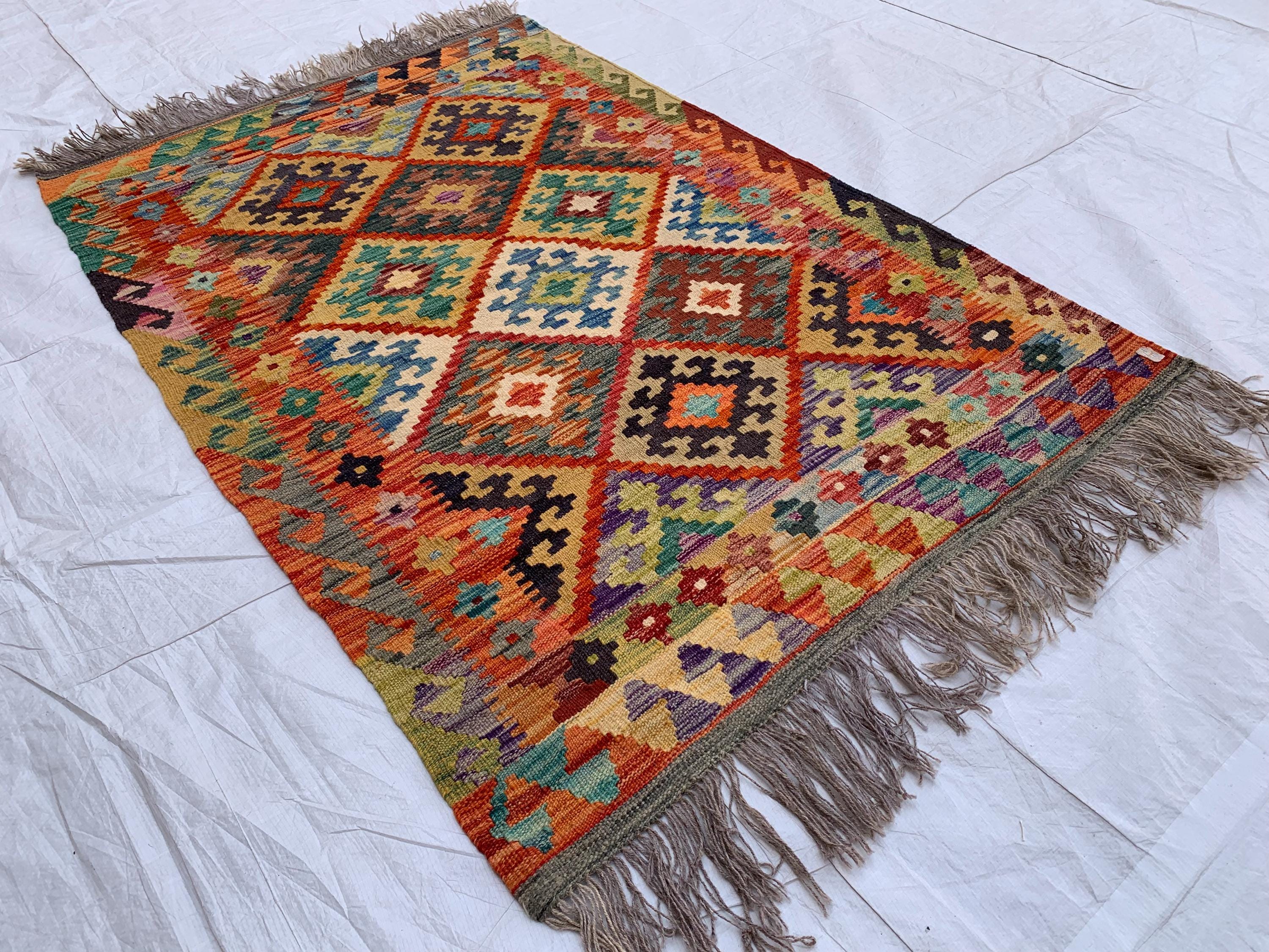 3.5x5 Small Tribal Kilim Rug – Multicolor Handwoven 5x3.5 Ft Wool Area Rug for Entryway, Kitchen, or Wall Hanging | Boho Vintage Decor