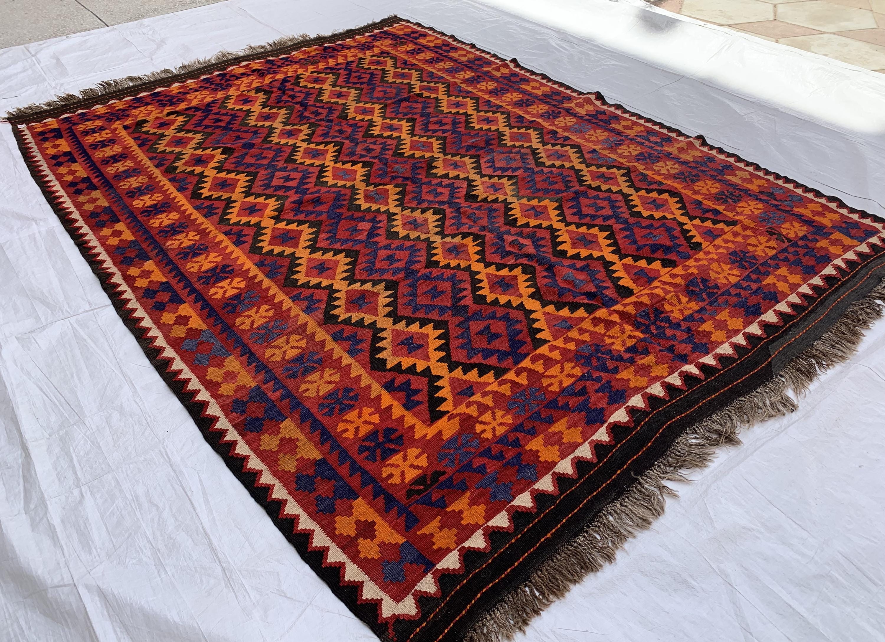 7x9 Large Afghan Tribal Kilim Rug – Handwoven Wool Area Rug | Vintage Boho Decor for Living Room or Bedroom, Rustic Home Decor 9.5x6.10 ft