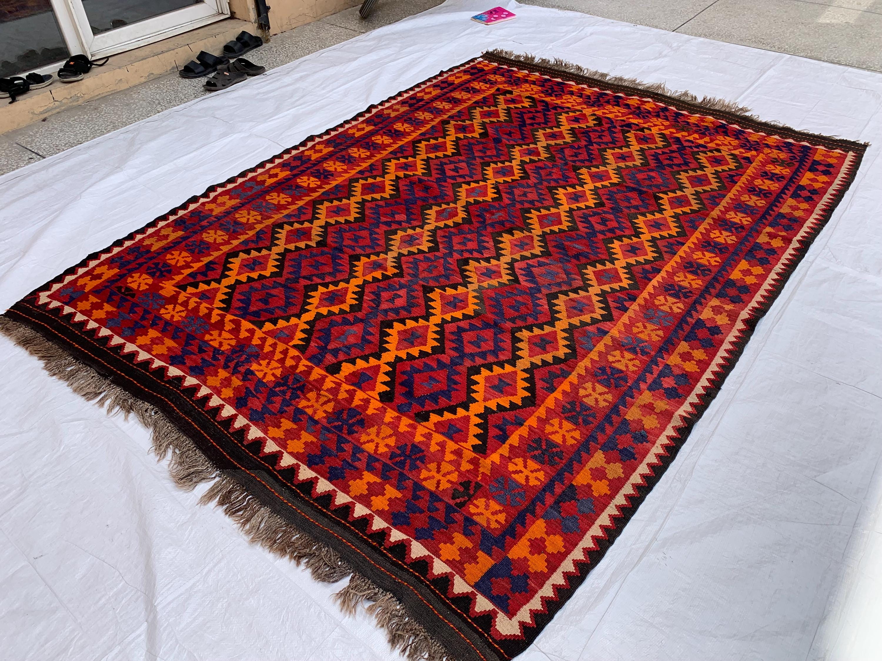 7x9 Large Afghan Tribal Kilim Rug – Handwoven Wool Area Rug | Vintage Boho Decor for Living Room or Bedroom, Rustic Home Decor 9.5x6.10 ft
