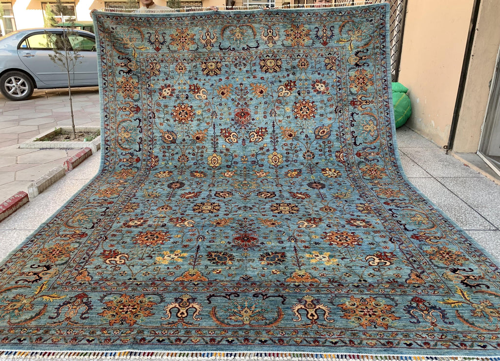 Large Hand-Knotted Blue Persian Chobi Rug 13x9 – Wool Oriental Carpet, Floral Medallion Design, Vintage Style Living Room Area Rug 400x300cm