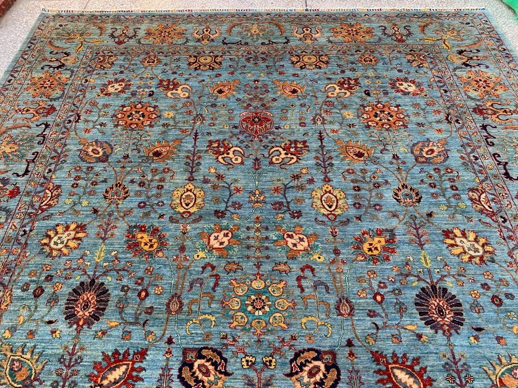 Large Hand-Knotted Blue Persian Chobi Rug 13x9 – Wool Oriental Carpet, Floral Medallion Design, Vintage Style Living Room Area Rug 400x300cm