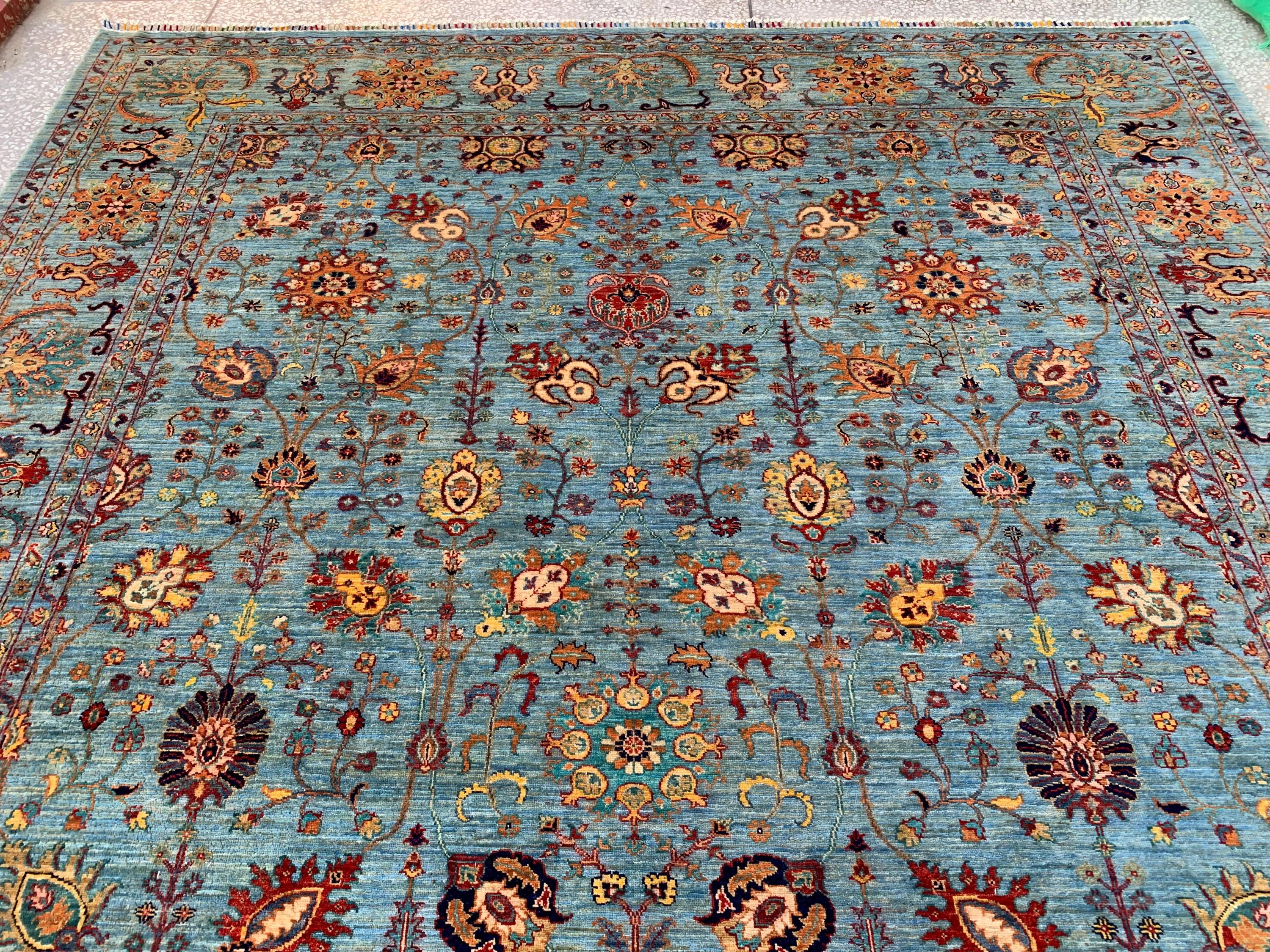 Large Hand-Knotted Blue Persian Chobi Rug 13x9 – Wool Oriental Carpet, Floral Medallion Design, Vintage Style Living Room Area Rug 400x300cm