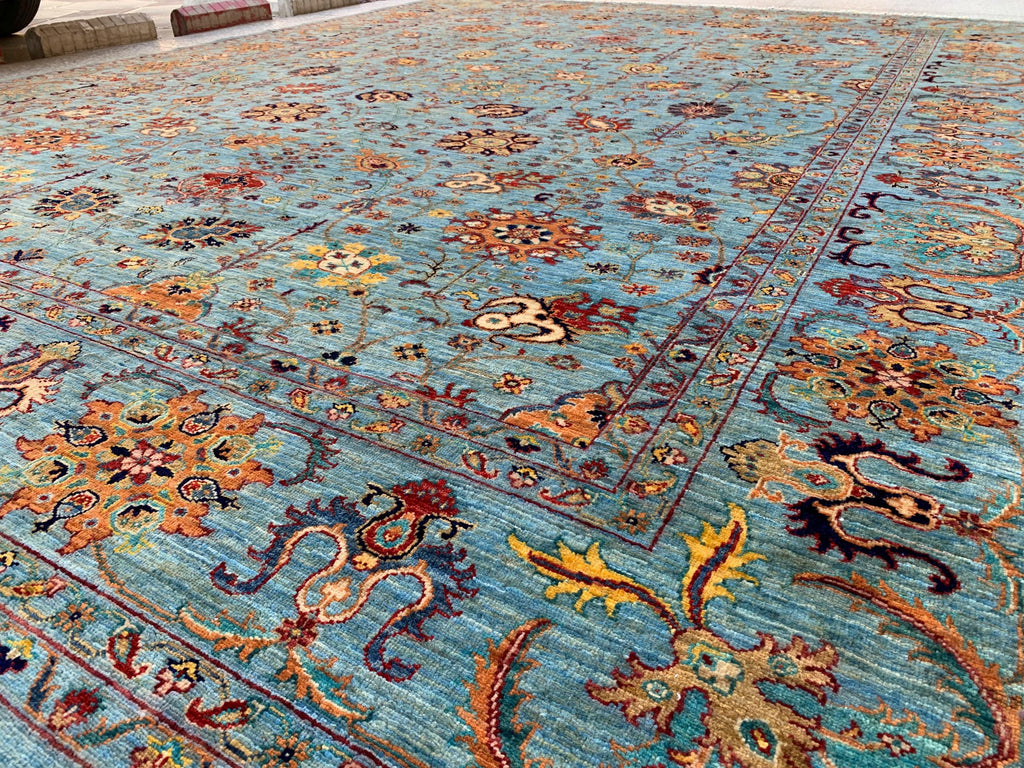 Large Hand-Knotted Blue Persian Chobi Rug 13x9 – Wool Oriental Carpet, Floral Medallion Design, Vintage Style Living Room Area Rug 400x300cm