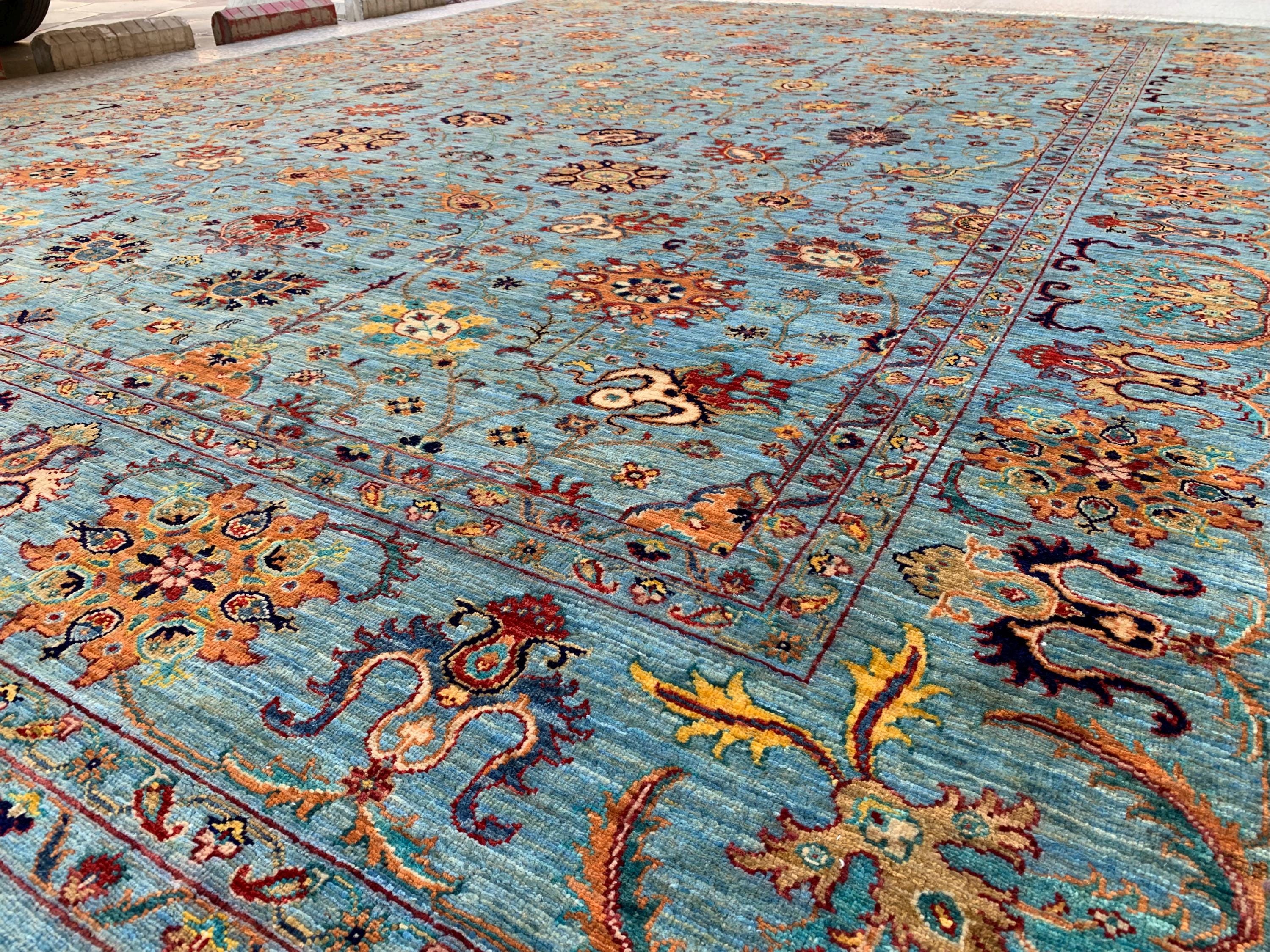 Large Hand-Knotted Blue Persian Chobi Rug 13x9 – Wool Oriental Carpet, Floral Medallion Design, Vintage Style Living Room Area Rug 400x300cm