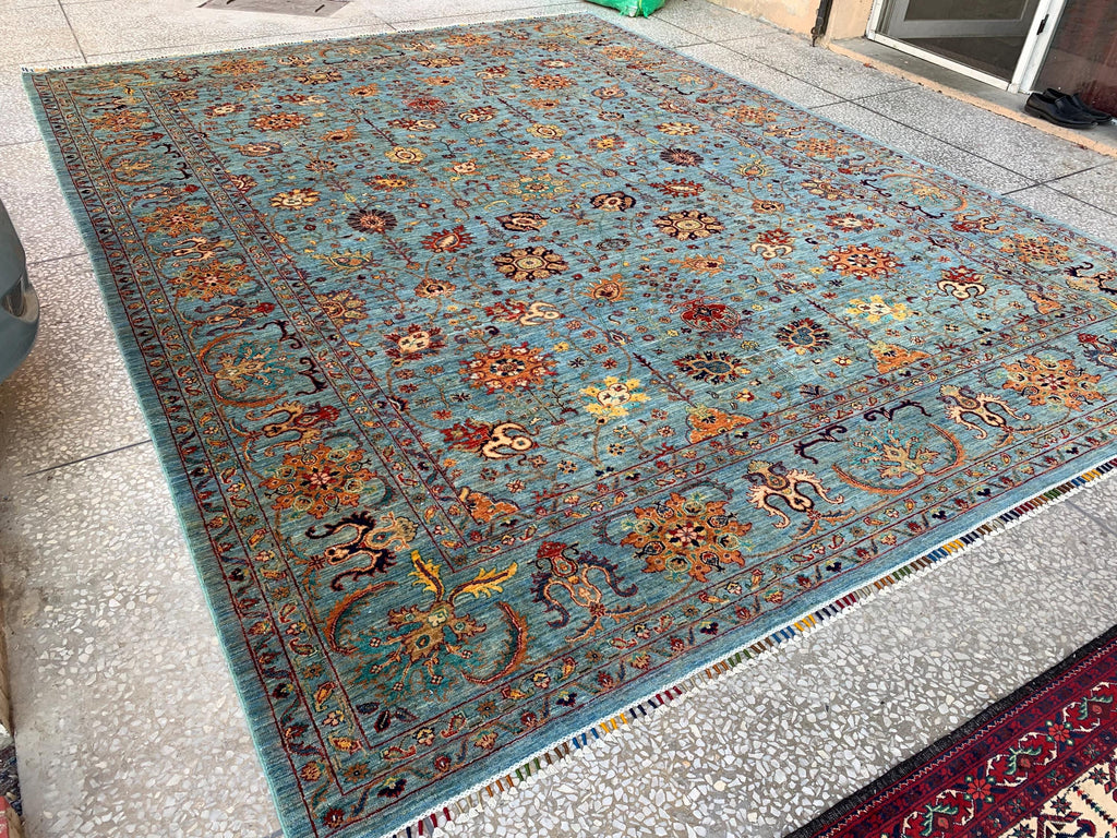 Large Hand-Knotted Blue Persian Chobi Rug 13x9 – Wool Oriental Carpet, Floral Medallion Design, Vintage Style Living Room Area Rug 400x300cm