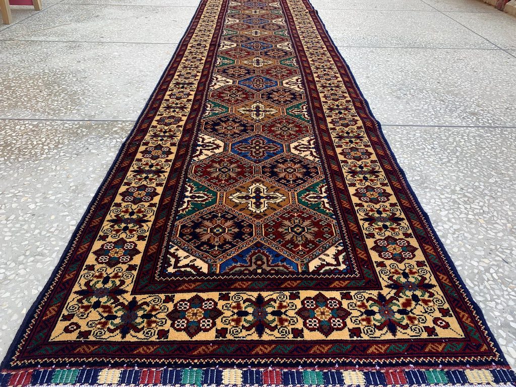 Handmade Runner Rug 12.10 x 3 | Custom Wool & Cotton Rug |Multicolor Unique Area Runner for Hallway, Living Room, or Entryway 391x90cm