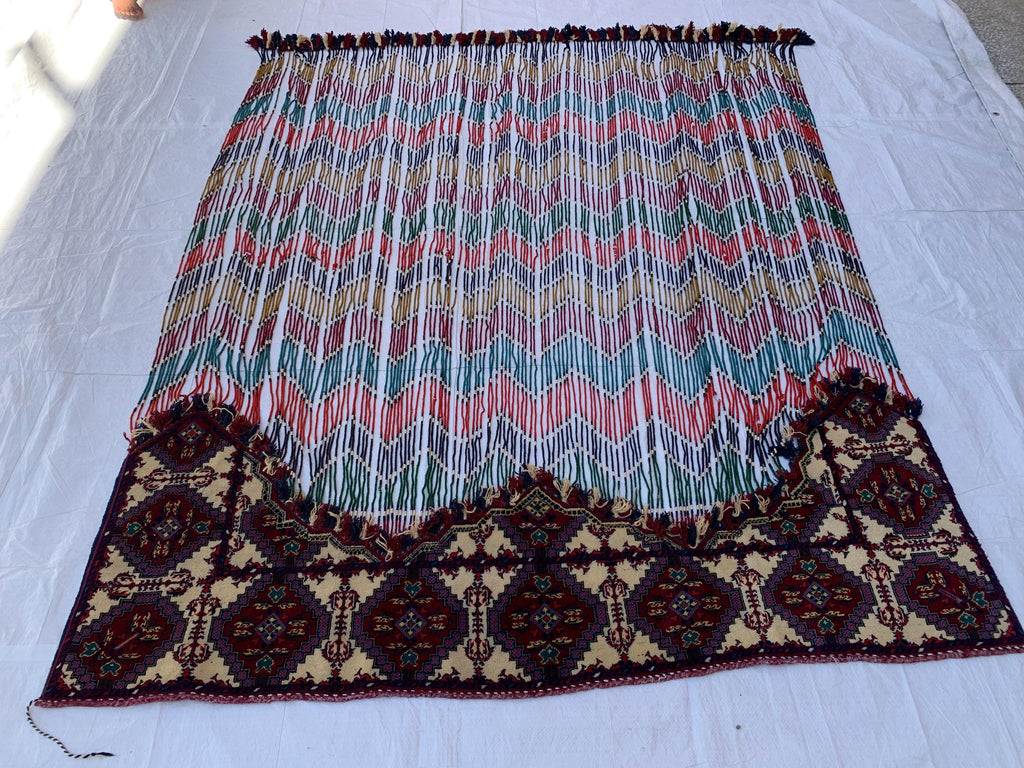 Handwoven Tribal Wall Hanging–Large 6.9x8.5ft Boho Tapestry, Colorful Ikat Pattern with Kilim Border–Bohemian Home Decor, Ethnic Textile Art