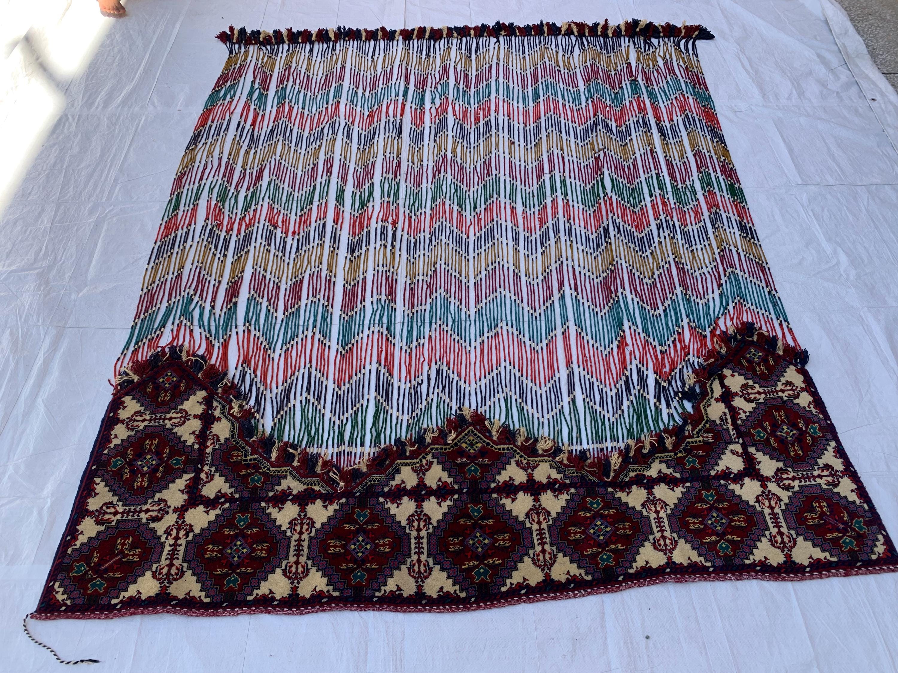 Handwoven Tribal Wall Hanging–Large 6.9x8.5ft Boho Tapestry, Colorful Ikat Pattern with Kilim Border–Bohemian Home Decor, Ethnic Textile Art