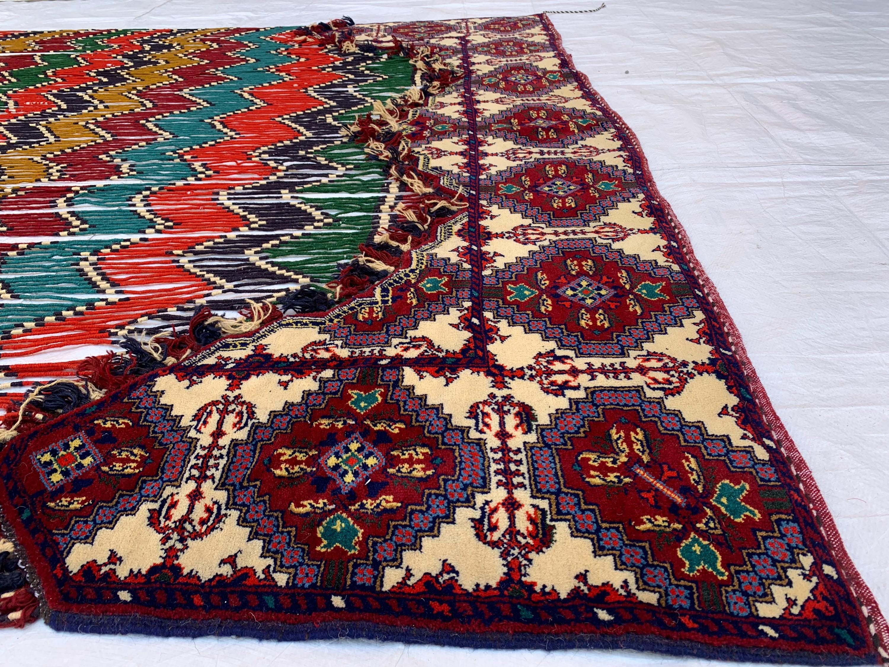 Handwoven Tribal Wall Hanging–Large 6.9x8.5ft Boho Tapestry, Colorful Ikat Pattern with Kilim Border–Bohemian Home Decor, Ethnic Textile Art