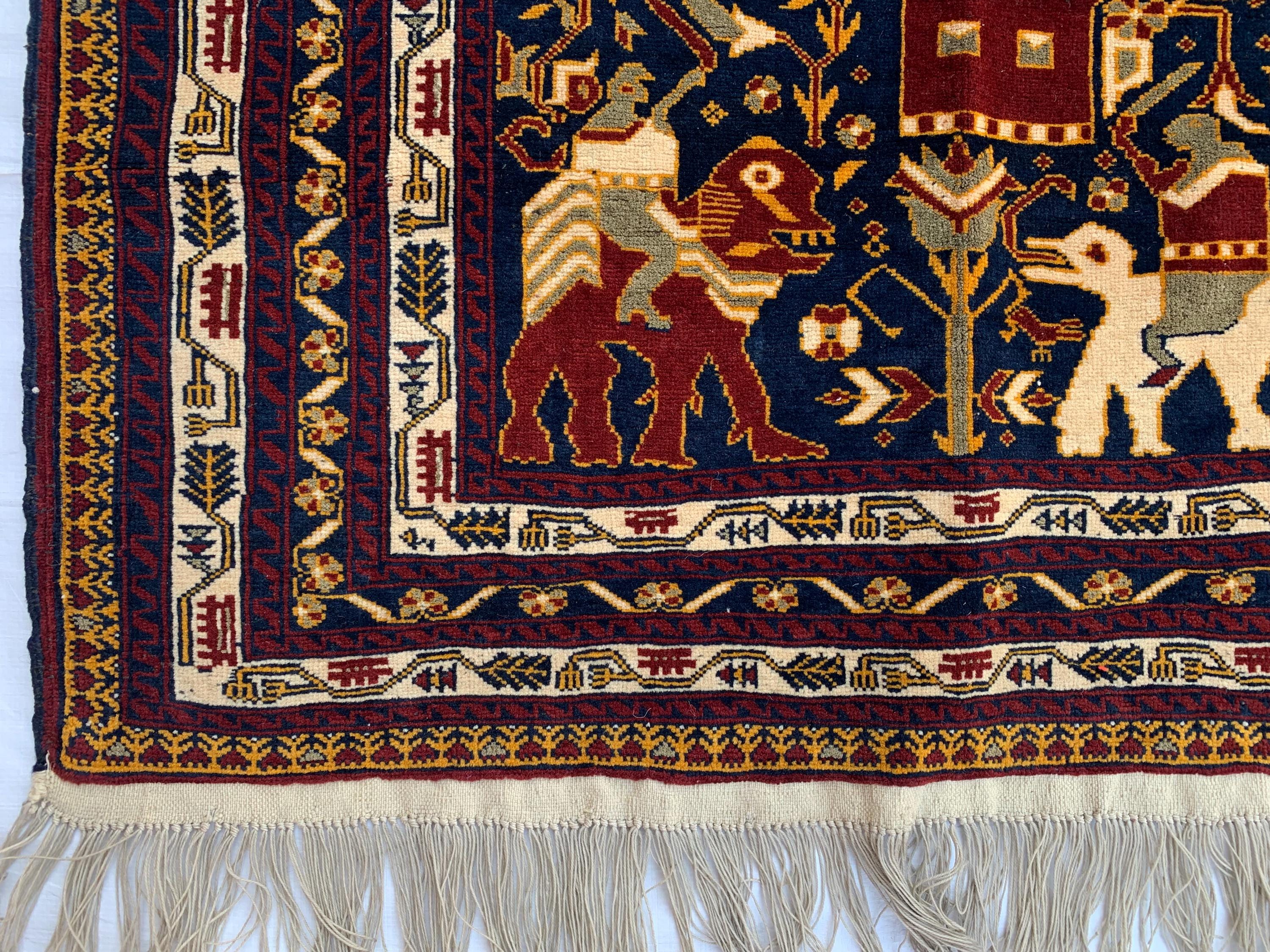Pictorial Hunter Rug 4.11x3.2 ft – Handmade Wool Kilim, Tribal Wall Hanging, Boho Decor, Vintage Animal Pattern Carpet, Rug for Kids Room