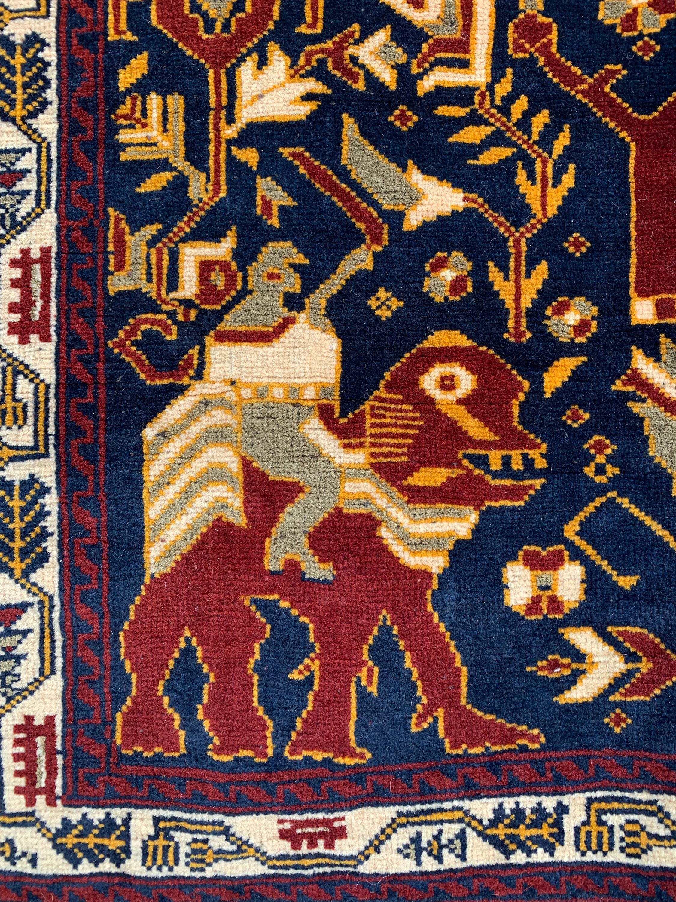 Pictorial Hunter Rug 4.11x3.2 ft – Handmade Wool Kilim, Tribal Wall Hanging, Boho Decor, Vintage Animal Pattern Carpet, Rug for Kids Room