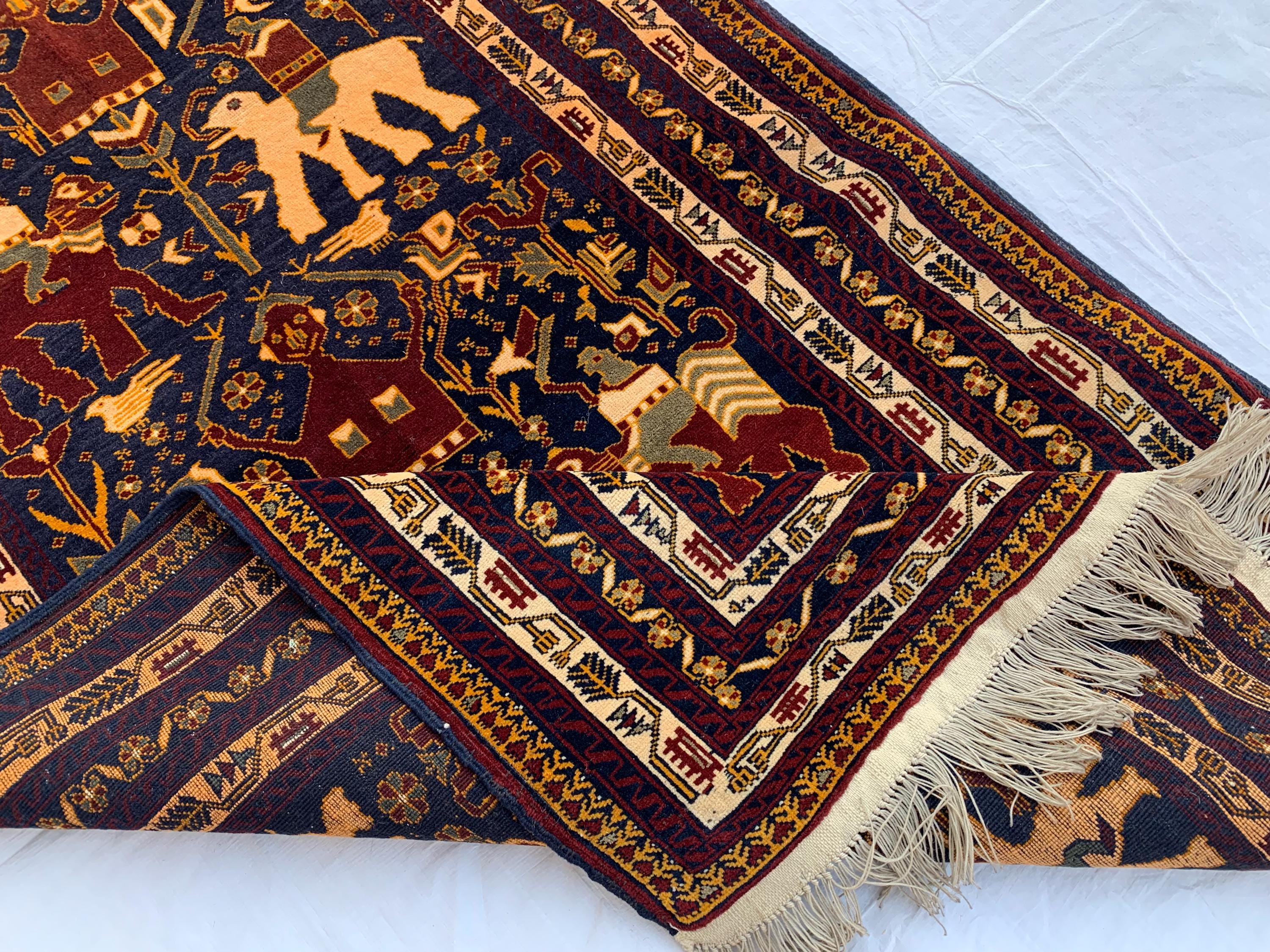 Pictorial Hunter Rug 4.11x3.2 ft – Handmade Wool Kilim, Tribal Wall Hanging, Boho Decor, Vintage Animal Pattern Carpet, Rug for Kids Room
