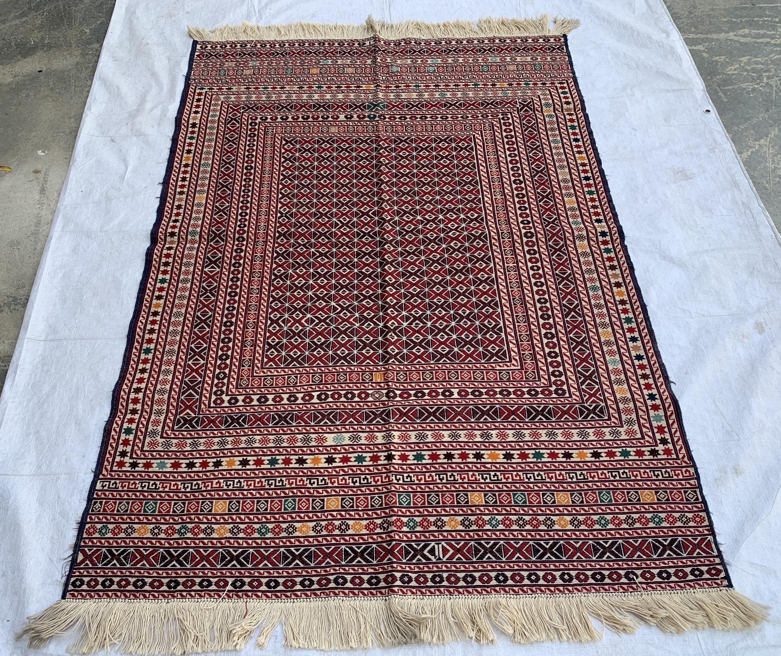 4x6ft Vintage Herati Kilim Rug –Turkmen Handmade Wool Tribal Carpet, Persian Farmhouse Decor, Boho Geometric Area Rug, Living Room Rug 5.8x4