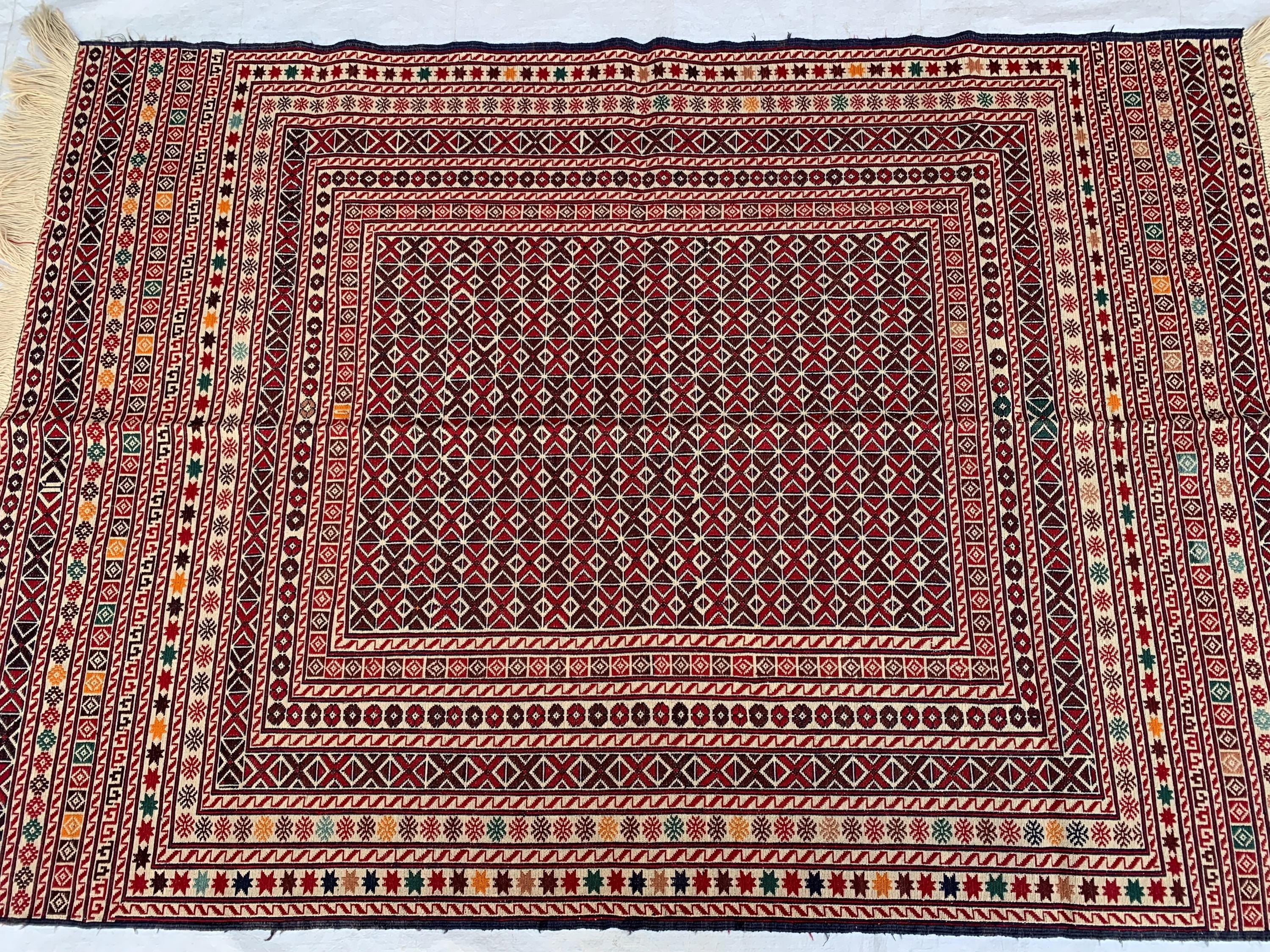 4x6ft Vintage Herati Kilim Rug –Turkmen Handmade Wool Tribal Carpet, Persian Farmhouse Decor, Boho Geometric Area Rug, Living Room Rug 5.8x4