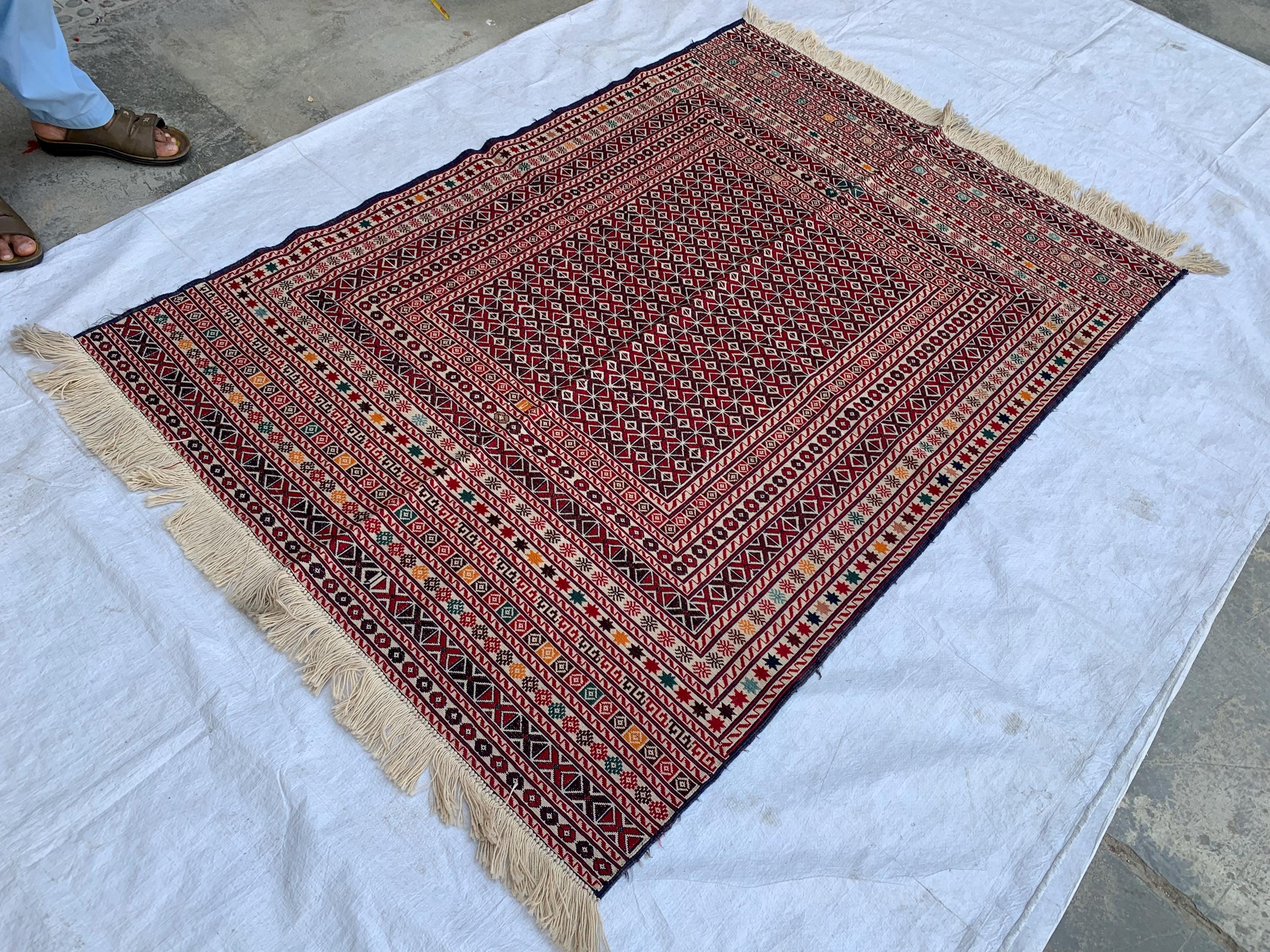 4x6ft Vintage Herati Kilim Rug –Turkmen Handmade Wool Tribal Carpet, Persian Farmhouse Decor, Boho Geometric Area Rug, Living Room Rug 5.8x4