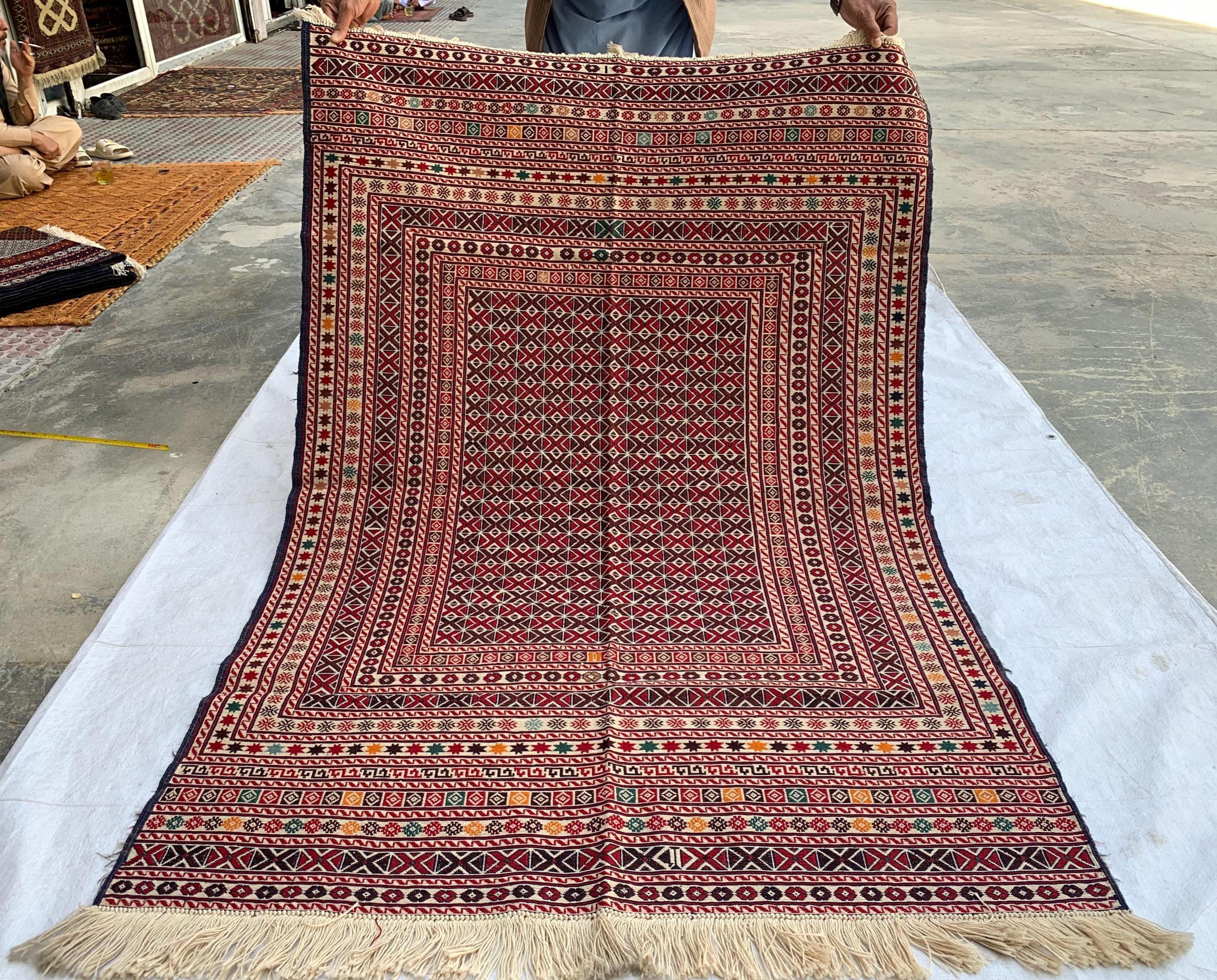 4x6ft Vintage Herati Kilim Rug –Turkmen Handmade Wool Tribal Carpet, Persian Farmhouse Decor, Boho Geometric Area Rug, Living Room Rug 5.8x4