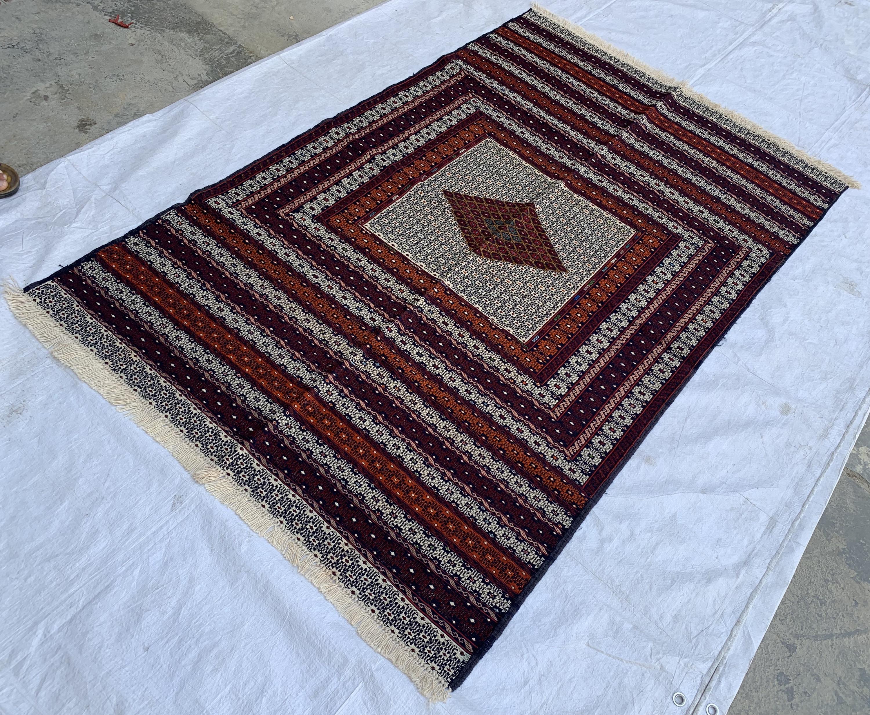 Antique Kilim Rug 6.2x3.11ft –Handmade Wool Tribal Carpet, Grey and Red Vintage Runner, Persian Boho Decor, Rustic Area Rug, Collectible Rug