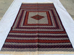 Antique Kilim Rug 6.2x3.11ft –Handmade Wool Tribal Carpet, Grey and Red Vintage Runner, Persian Boho Decor, Rustic Area Rug, Collectible Rug