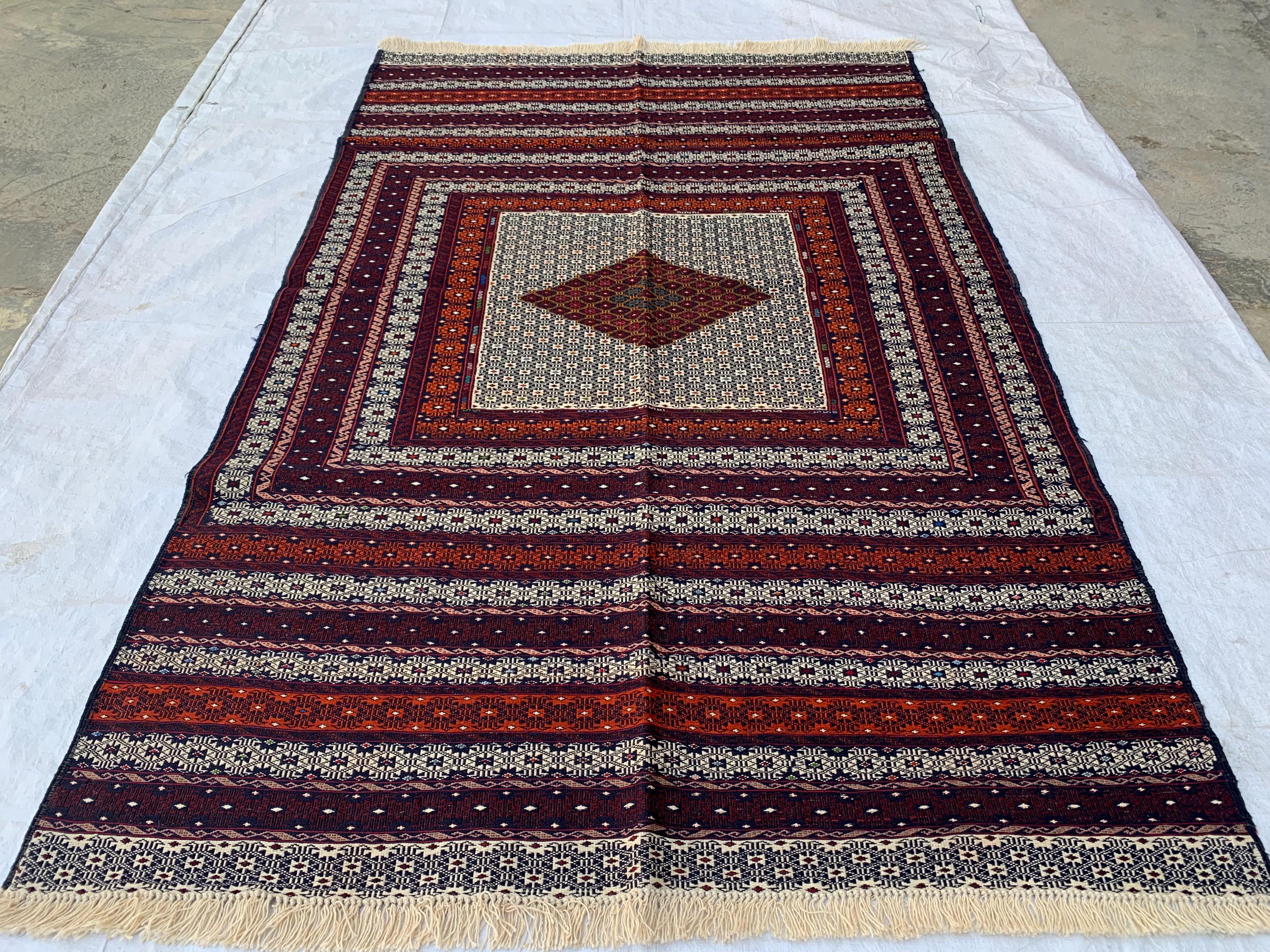 Antique Kilim Rug 6.2x3.11ft –Handmade Wool Tribal Carpet, Grey and Red Vintage Runner, Persian Boho Decor, Rustic Area Rug, Collectible Rug