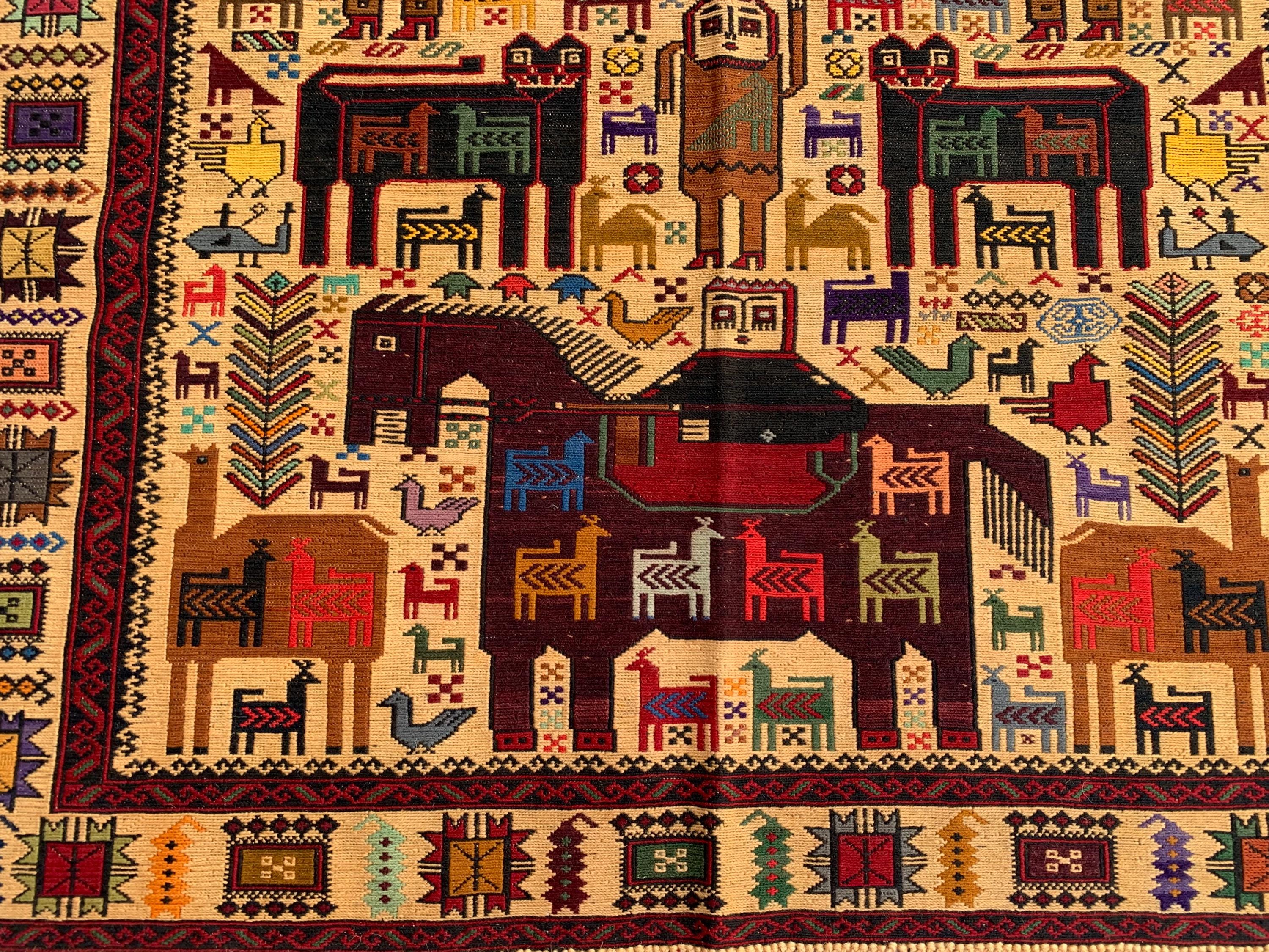 Pictorial Vintage Rug 5.6x4.1 ft – Handmade Wool Animal Scene Carpet, Tribal Wall Hanging, Persian Boho Decor, Rustic Art Rug, Farmhouse rug