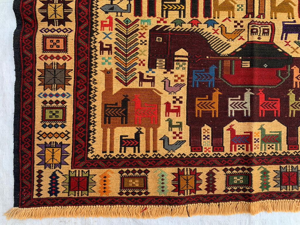 Pictorial Vintage Rug 5.6x4.1 ft – Handmade Wool Animal Scene Carpet, Tribal Wall Hanging, Persian Boho Decor, Rustic Art Rug, Farmhouse rug