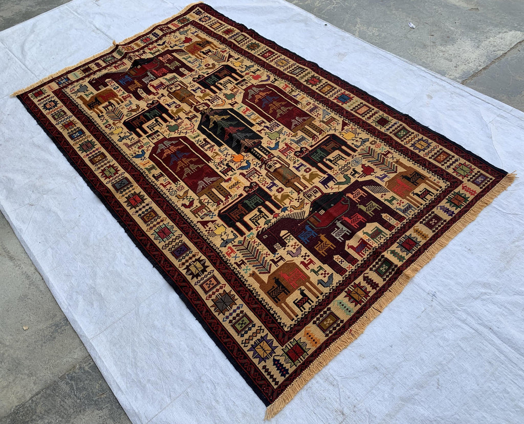 Pictorial Vintage Rug 5.6x4.1 ft – Handmade Wool Animal Scene Carpet, Tribal Wall Hanging, Persian Boho Decor, Rustic Art Rug, Farmhouse rug