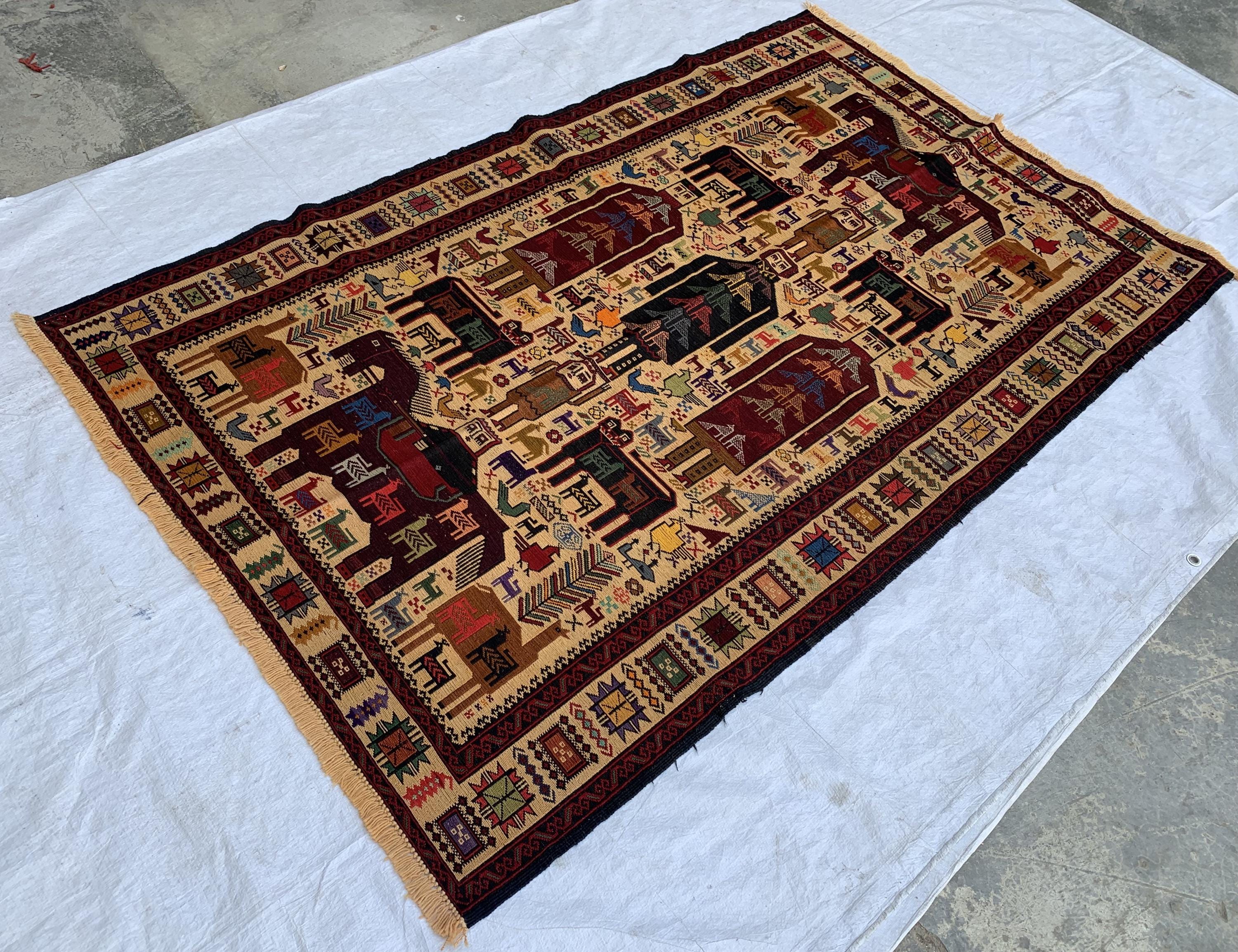 Pictorial Vintage Rug 5.6x4.1 ft – Handmade Wool Animal Scene Carpet, Tribal Wall Hanging, Persian Boho Decor, Rustic Art Rug, Farmhouse rug
