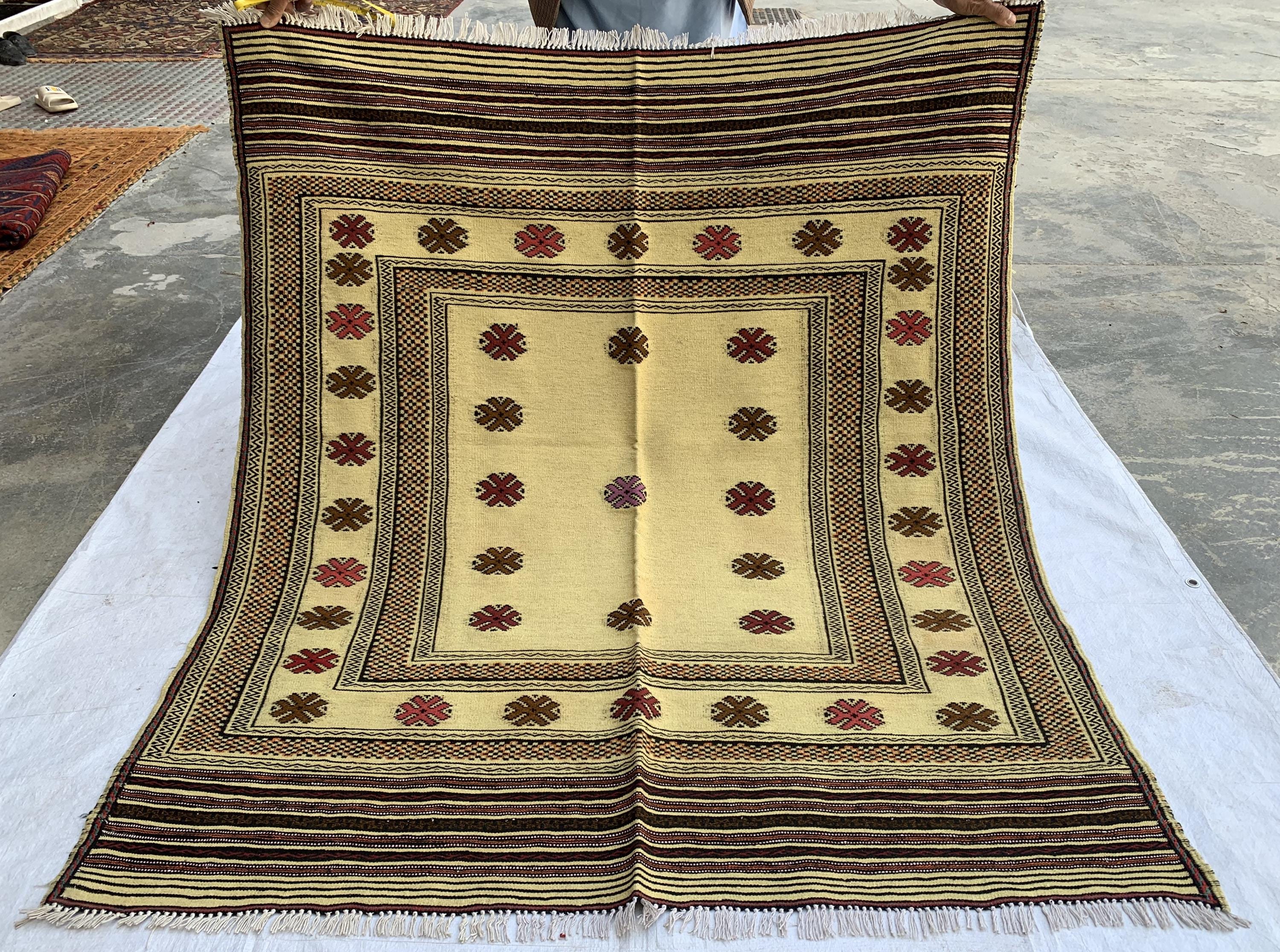 4x5 Handwoven Kilim Square Yellow Rug 4.11x4.4 –Boho Wool Area Carpet, Tribal Geometric Floor Mat, Vintage Ethnic Home Decor, Small Area Rug