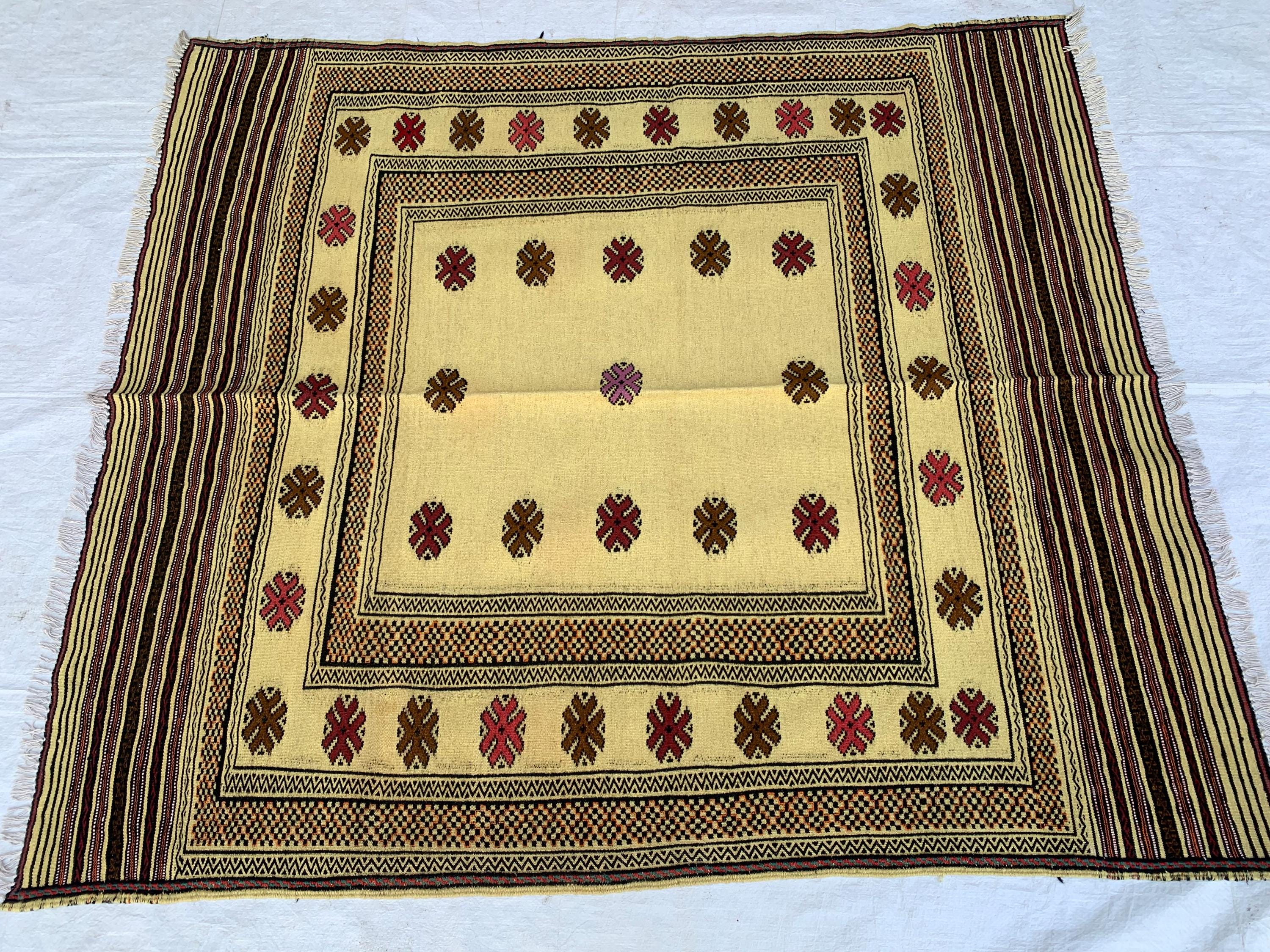 4x5 Handwoven Kilim Square Yellow Rug 4.11x4.4 –Boho Wool Area Carpet, Tribal Geometric Floor Mat, Vintage Ethnic Home Decor, Small Area Rug