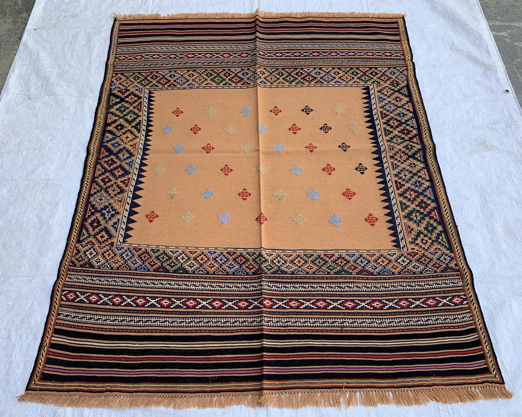 Vintage Square Kilim Rug 4.9x3.9 ft – Handwoven Wool Bronze Carpet, Tribal Geometric Pattern, Boho Ethnic Area Rug, Rug for Kitchen, Bedroom