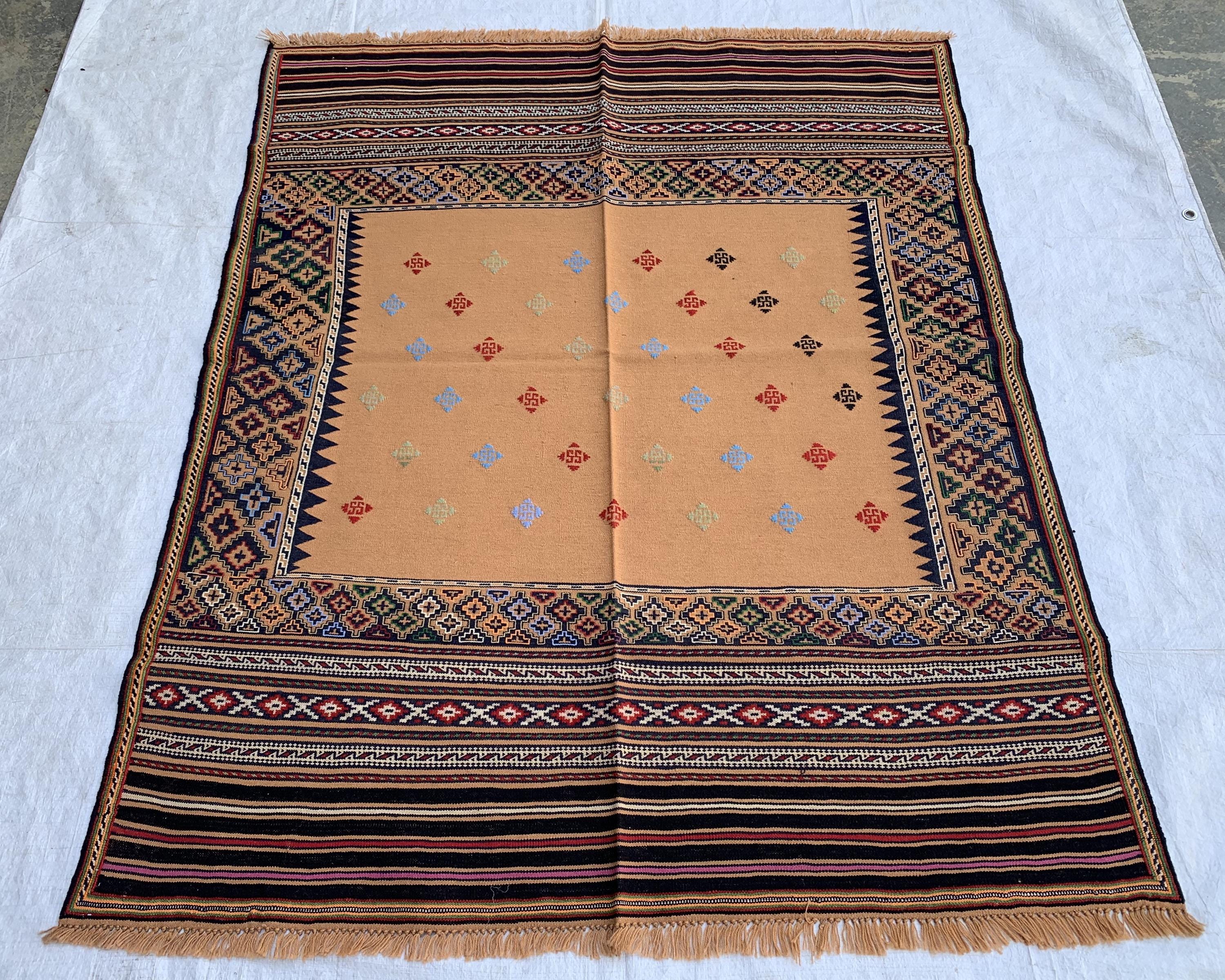 Vintage Square Kilim Rug 4.9x3.9 ft – Handwoven Wool Bronze Carpet, Tribal Geometric Pattern, Boho Ethnic Area Rug, Rug for Kitchen, Bedroom