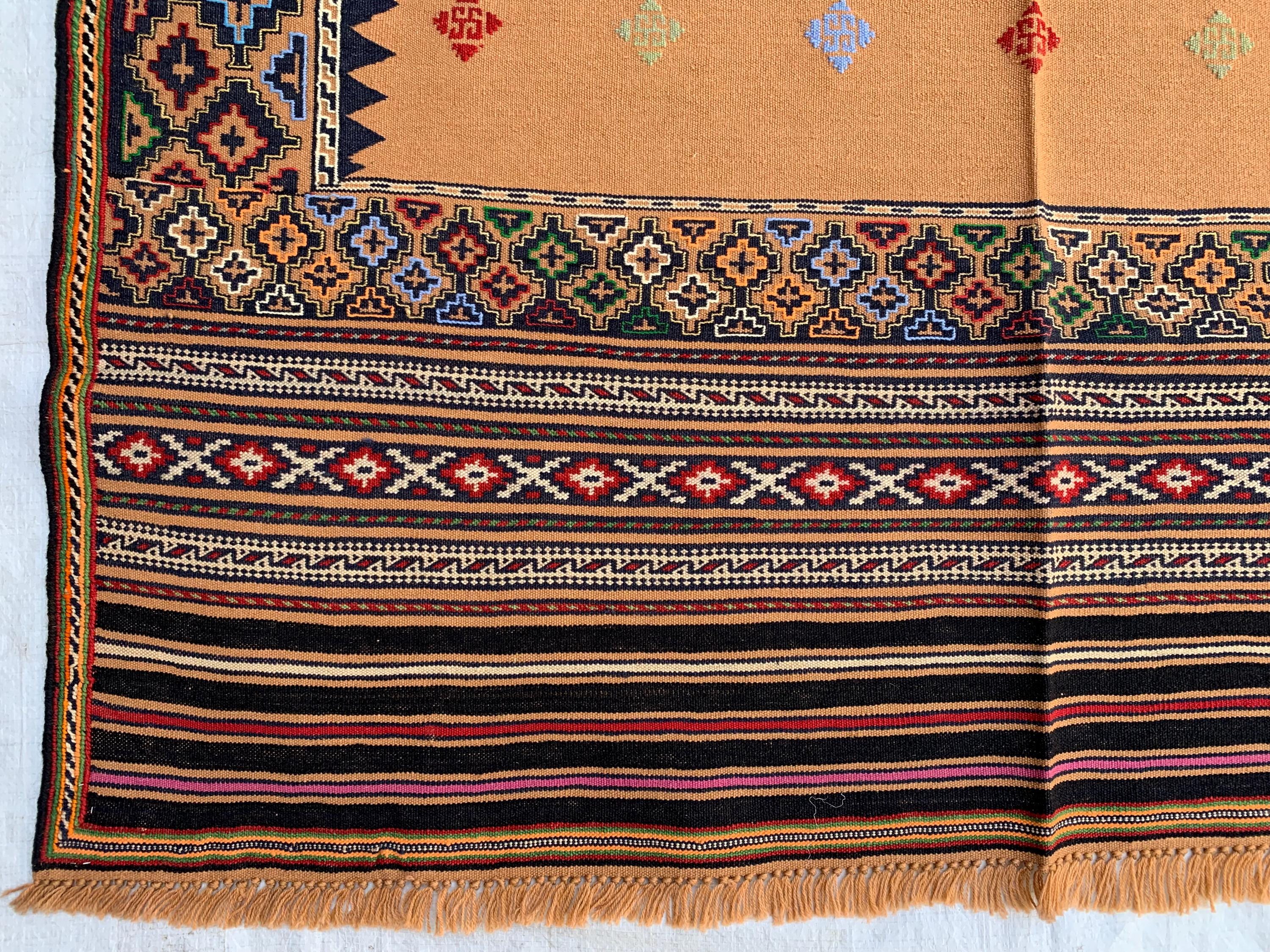 Vintage Square Kilim Rug 4.9x3.9 ft – Handwoven Wool Bronze Carpet, Tribal Geometric Pattern, Boho Ethnic Area Rug, Rug for Kitchen, Bedroom
