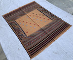 Vintage Square Kilim Rug 4.9x3.9 ft – Handwoven Wool Bronze Carpet, Tribal Geometric Pattern, Boho Ethnic Area Rug, Rug for Kitchen, Bedroom