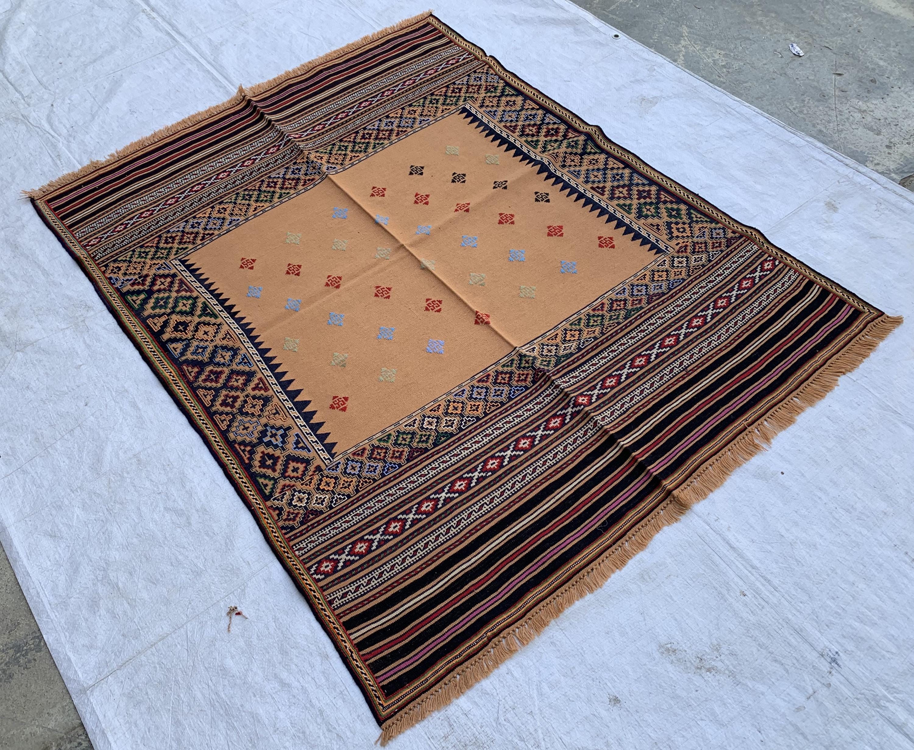 Vintage Square Kilim Rug 4.9x3.9 ft – Handwoven Wool Bronze Carpet, Tribal Geometric Pattern, Boho Ethnic Area Rug, Rug for Kitchen, Bedroom
