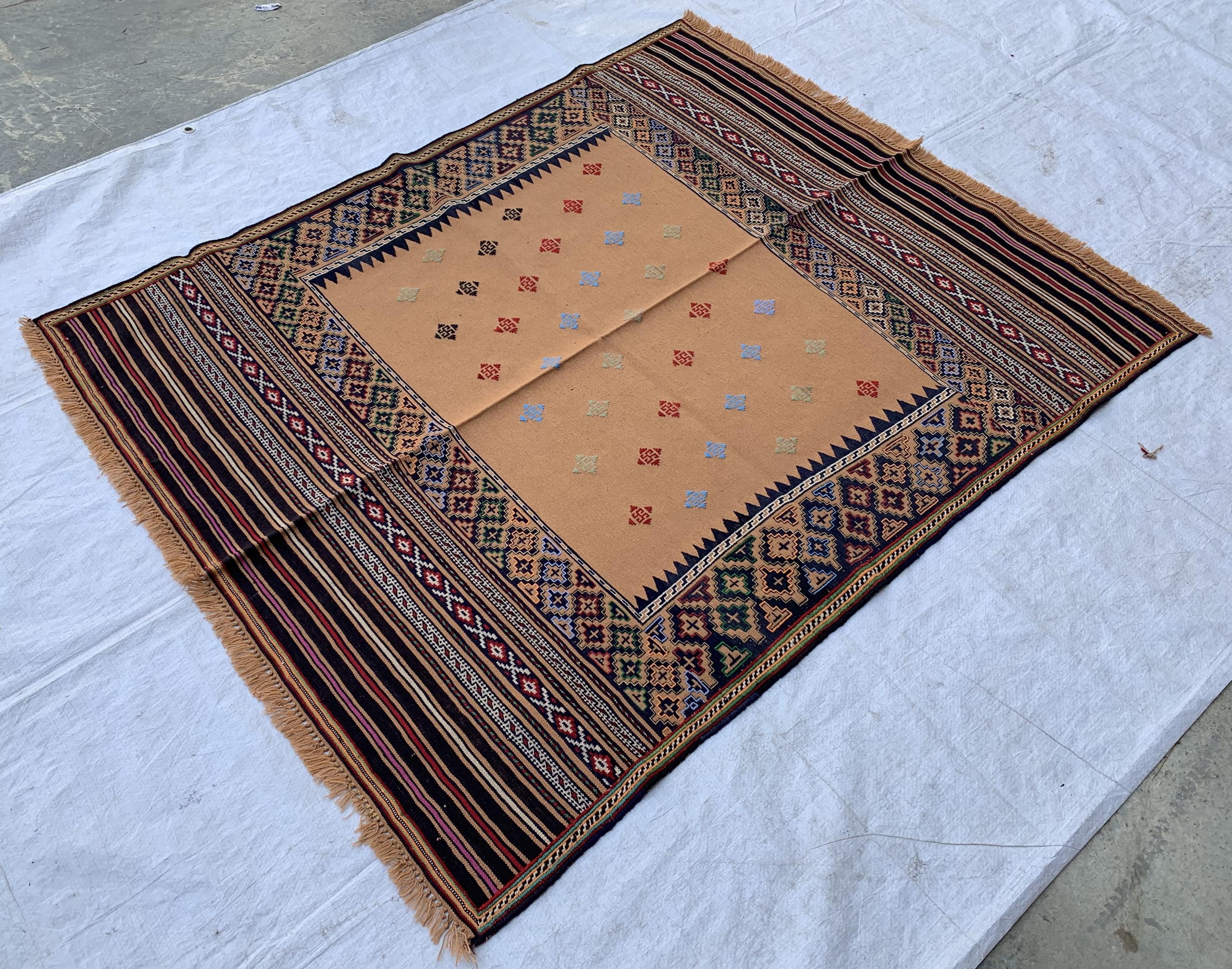 Vintage Square Kilim Rug 4.9x3.9 ft – Handwoven Wool Bronze Carpet, Tribal Geometric Pattern, Boho Ethnic Area Rug, Rug for Kitchen, Bedroom