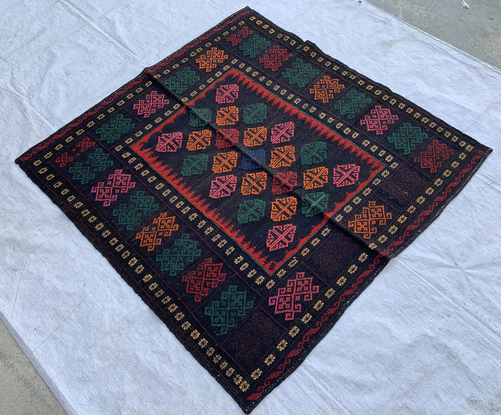 4x4 Vintage Square Handwoven Tribal Kilim, Turkmen Geometric Wool Rug, Rustic Home decor, Perfect for Kitchen, farmhouse, Entryway