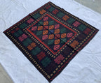 4x4 Vintage Square Handwoven Tribal Kilim, Turkmen Geometric Wool Rug, Rustic Home decor, Perfect for Kitchen, farmhouse, Entryway
