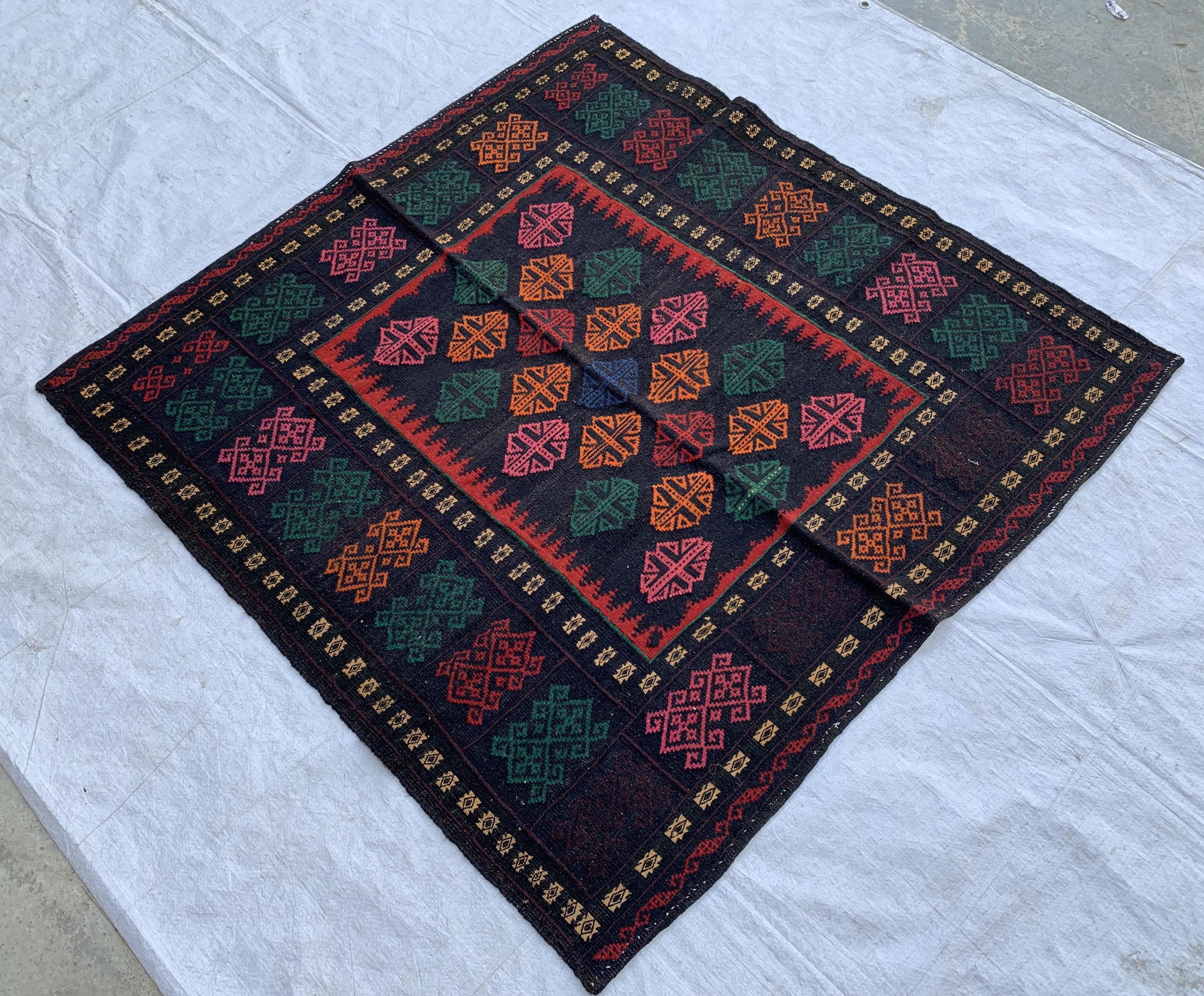 4x4 Vintage Square Handwoven Tribal Kilim, Turkmen Geometric Wool Rug, Rustic Home decor, Perfect for Kitchen, farmhouse, Entryway