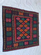 4x4 Vintage Square Handwoven Tribal Kilim, Turkmen Geometric Wool Rug, Rustic Home decor, Perfect for Kitchen, farmhouse, Entryway